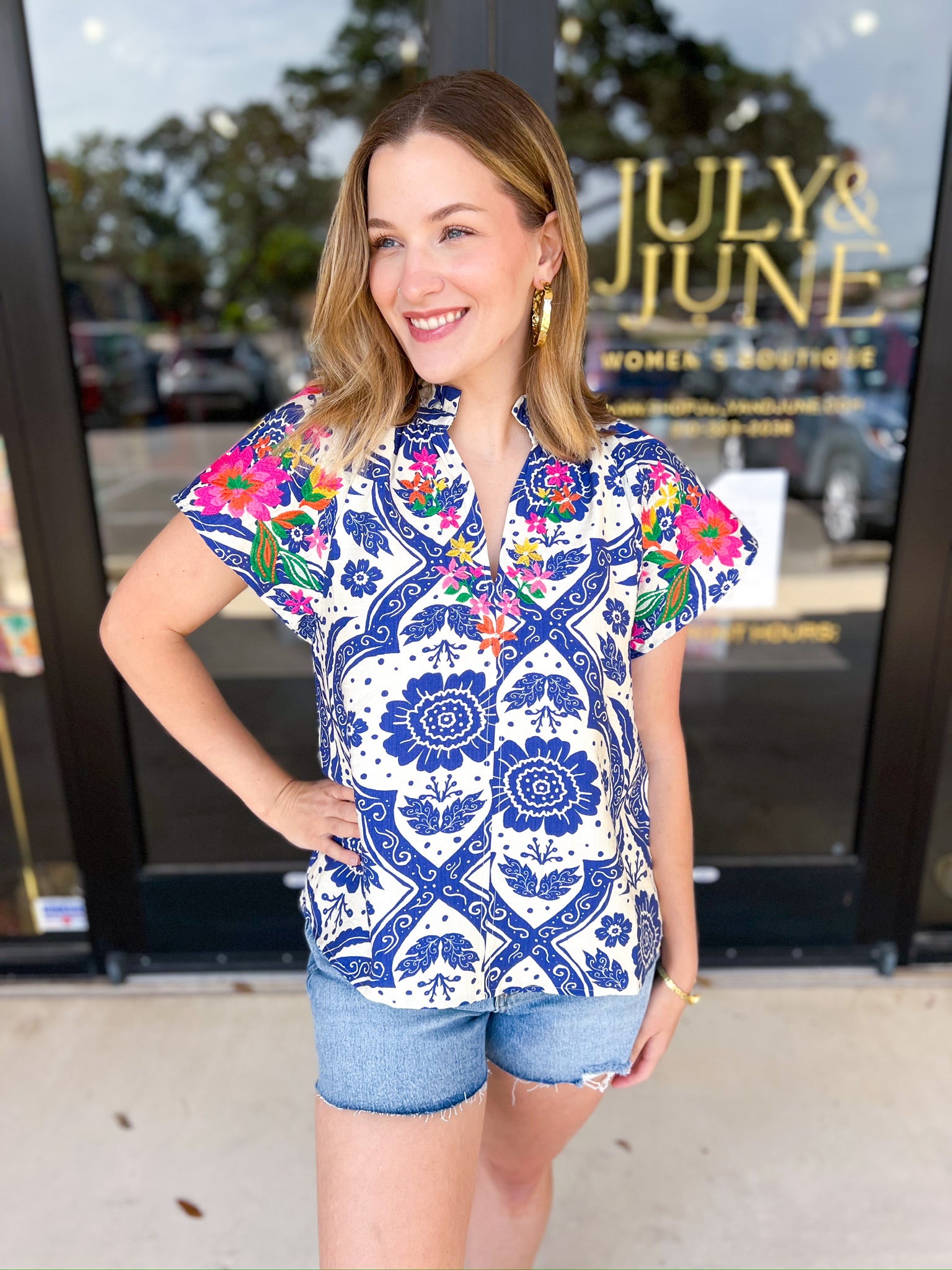 THML - Bold Blue Embroidered Blouse-200 Fashion Blouses-THML-July & June Women's Fashion Boutique Located in San Antonio, Texas