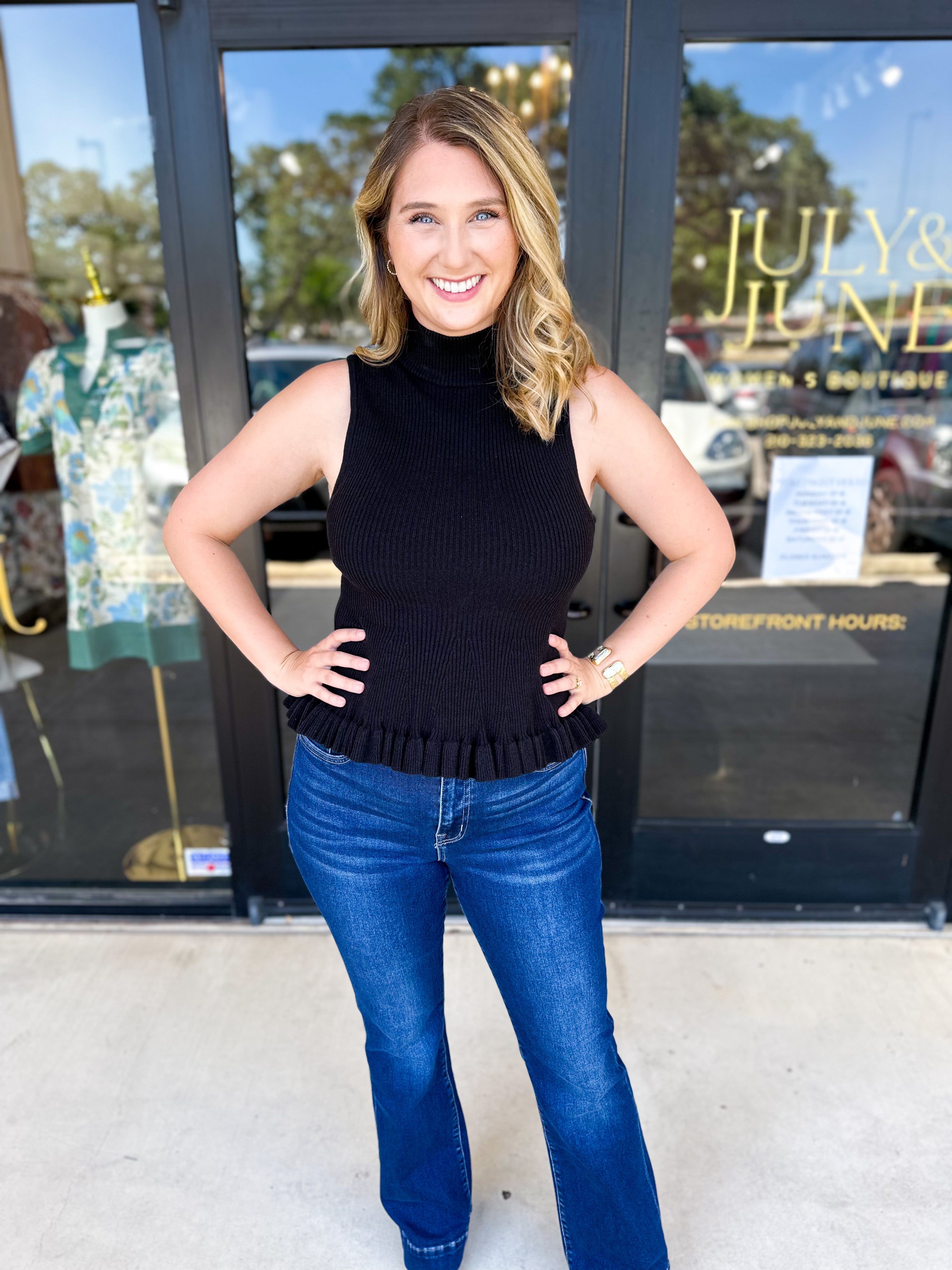 Ruffle Knit Tank Top - Black-230 Sweaters/Cardis-FATE-July & June Women's Fashion Boutique Located in San Antonio, Texas