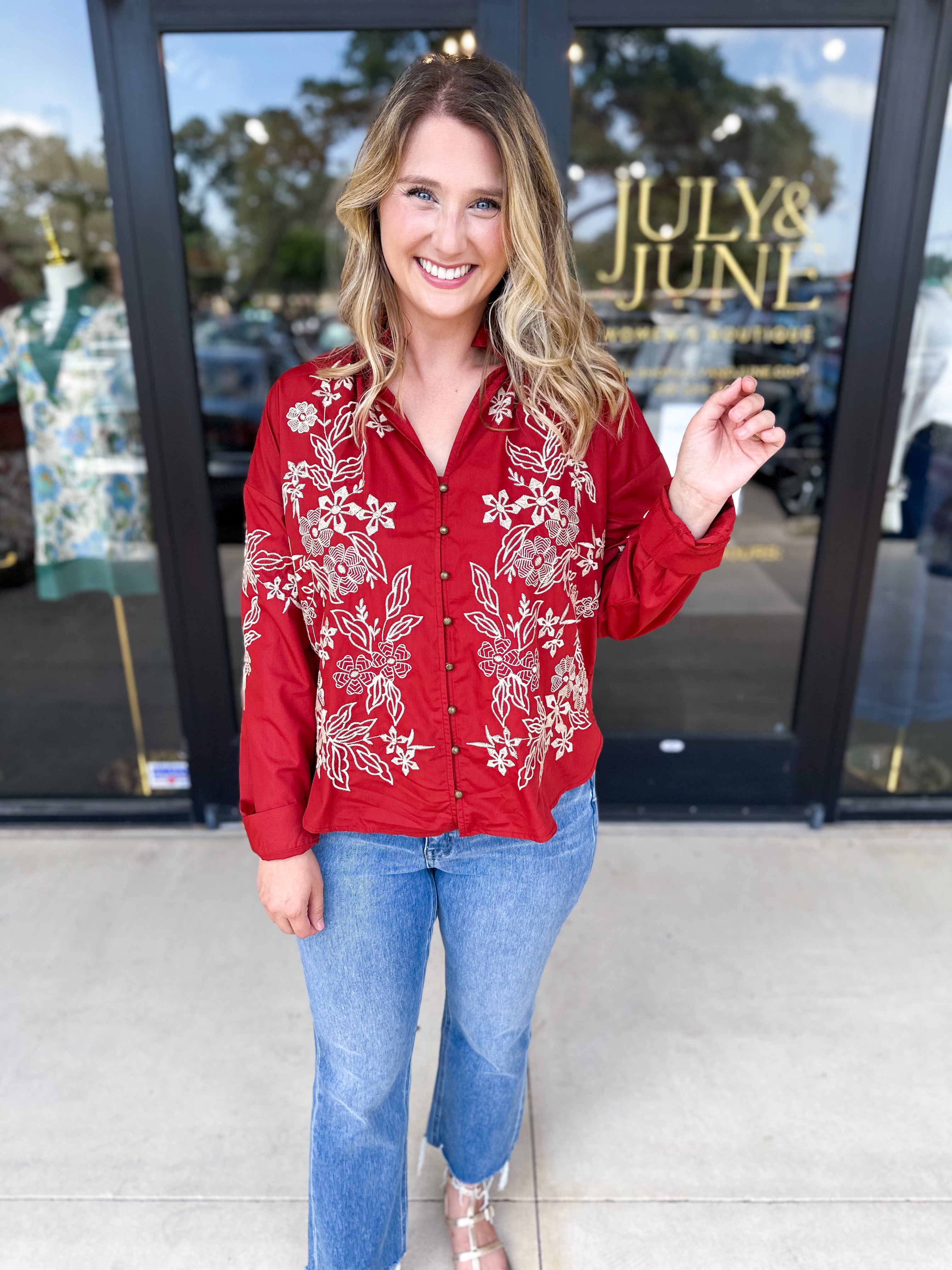 Elara Embroidered Blouse - Rust-200 Fashion Blouses-ENTRO-July & June Women's Fashion Boutique Located in San Antonio, Texas