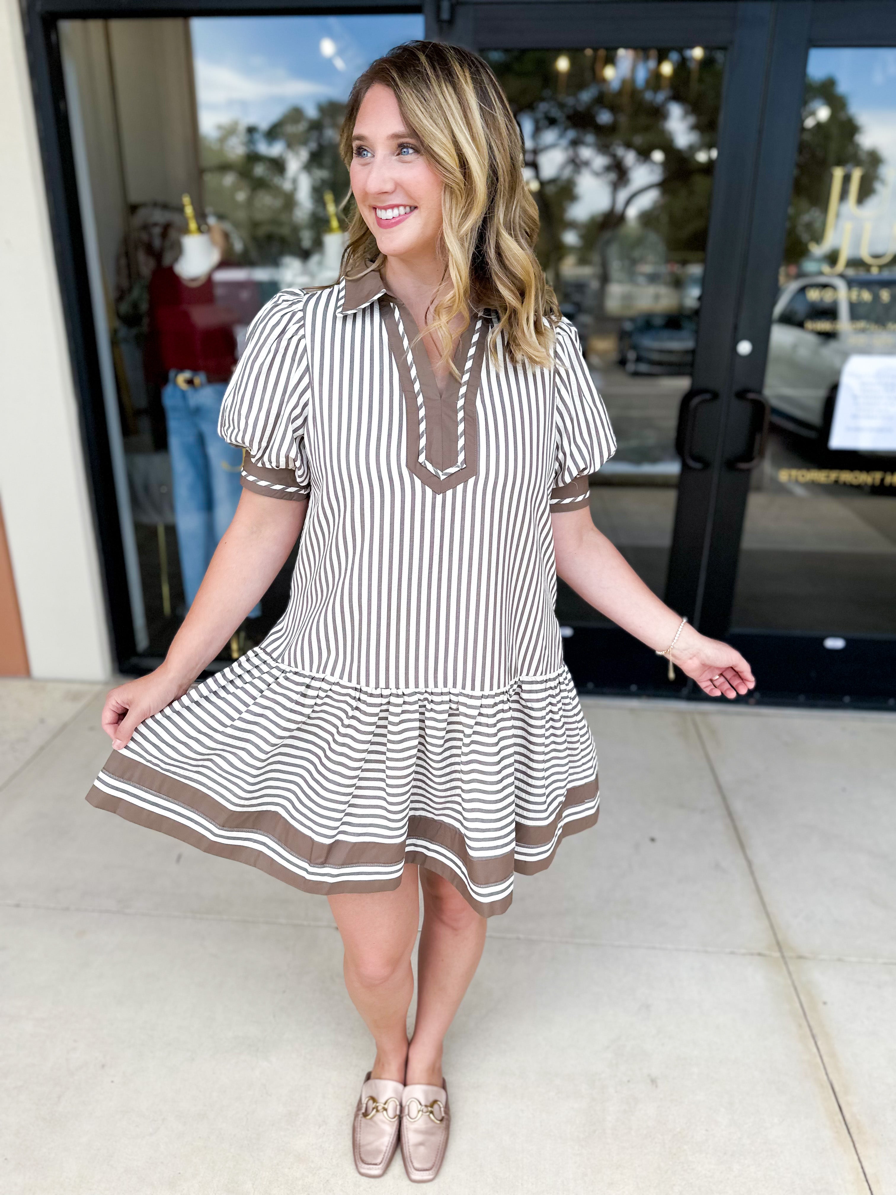 Mocha Stripe Mini Dress-510 Mini-ENTRO-July & June Women's Fashion Boutique Located in San Antonio, Texas