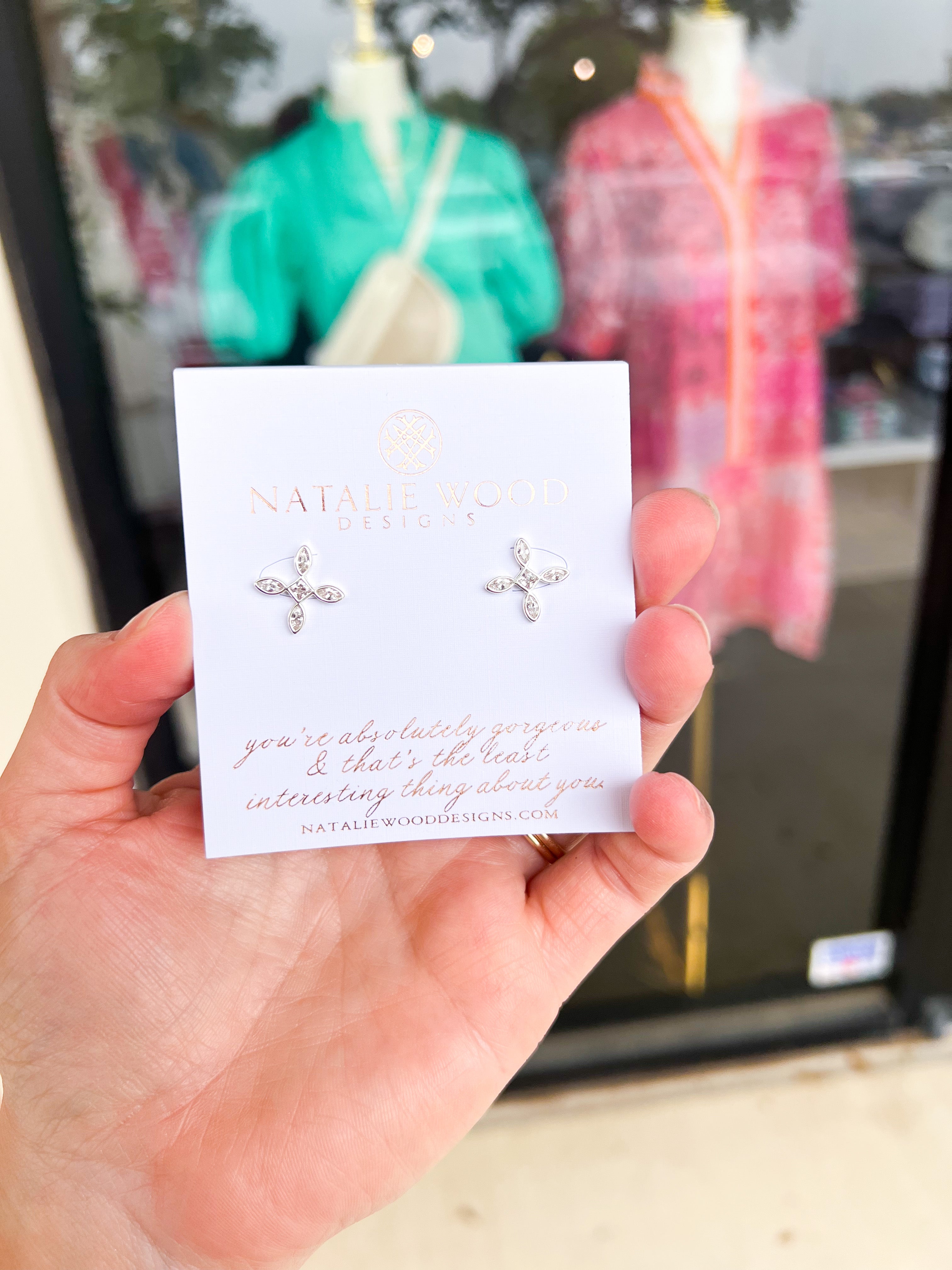 Natalie Wood - Radiant Cross Stud Earrings in Clear Crystal/Silver-110 Jewelry & Hair-Natalie Wood-July & June Women's Fashion Boutique Located in San Antonio, Texas
