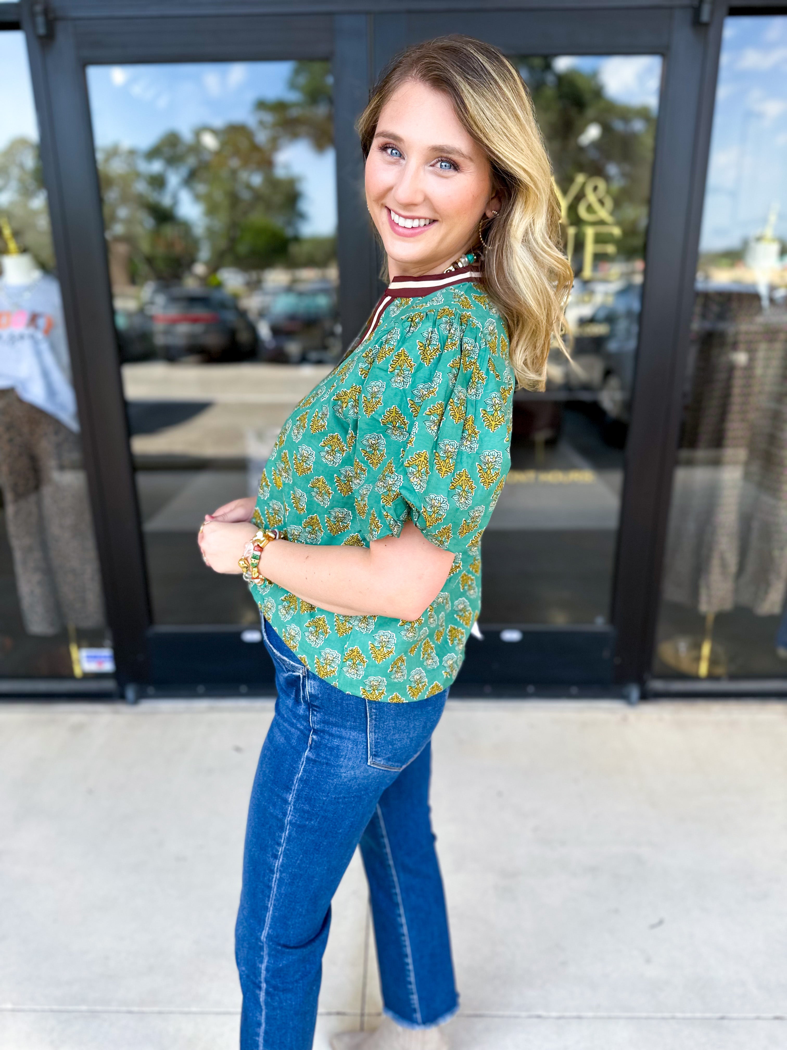 THML - Teal Paisley Blouse-200 Fashion Blouses-THML-July & June Women's Fashion Boutique Located in San Antonio, Texas