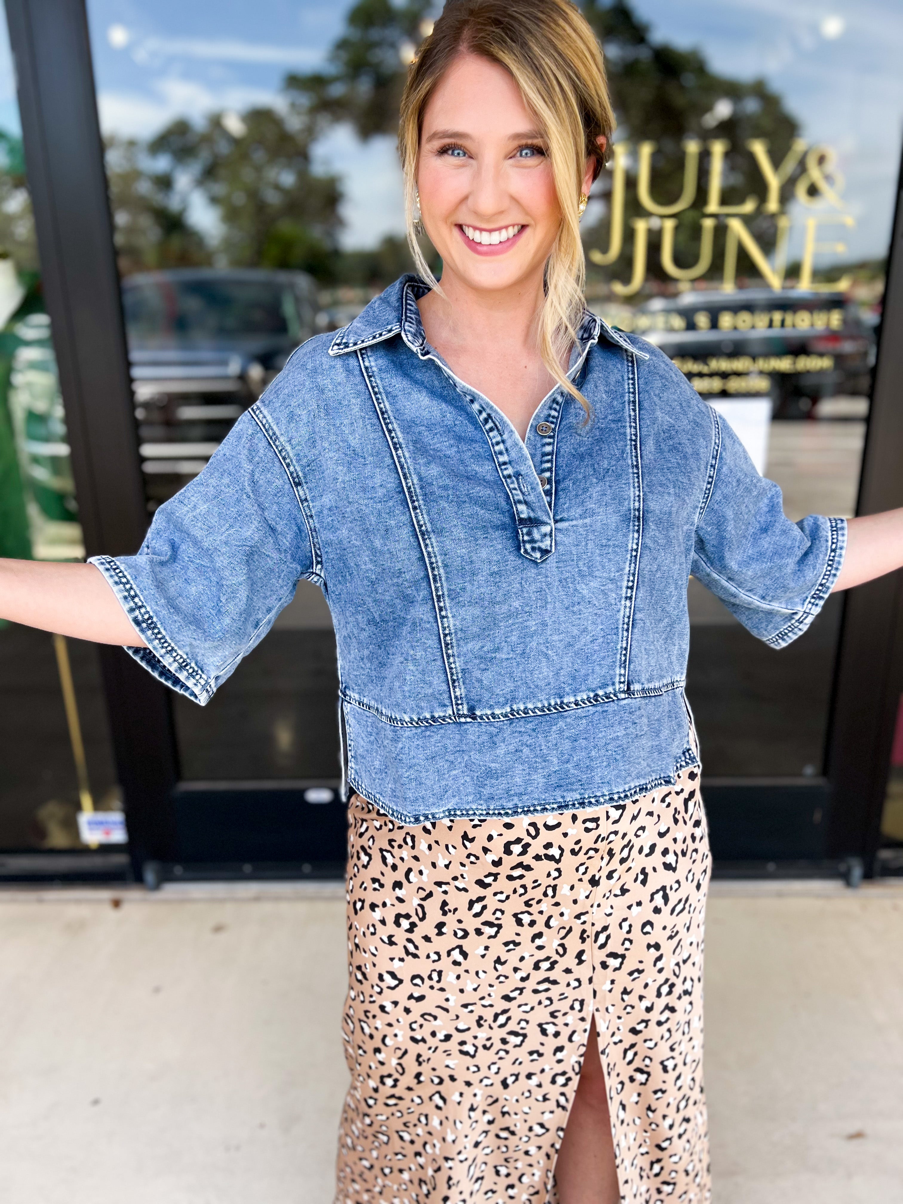 Denim Details Blouse-200 Fashion Blouses-LISTICLE-July & June Women's Fashion Boutique Located in San Antonio, Texas