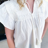 THML - Cream Textured Flutter Sleeve Blouse-200 Fashion Blouses-THML-July & June Women's Fashion Boutique Located in San Antonio, Texas