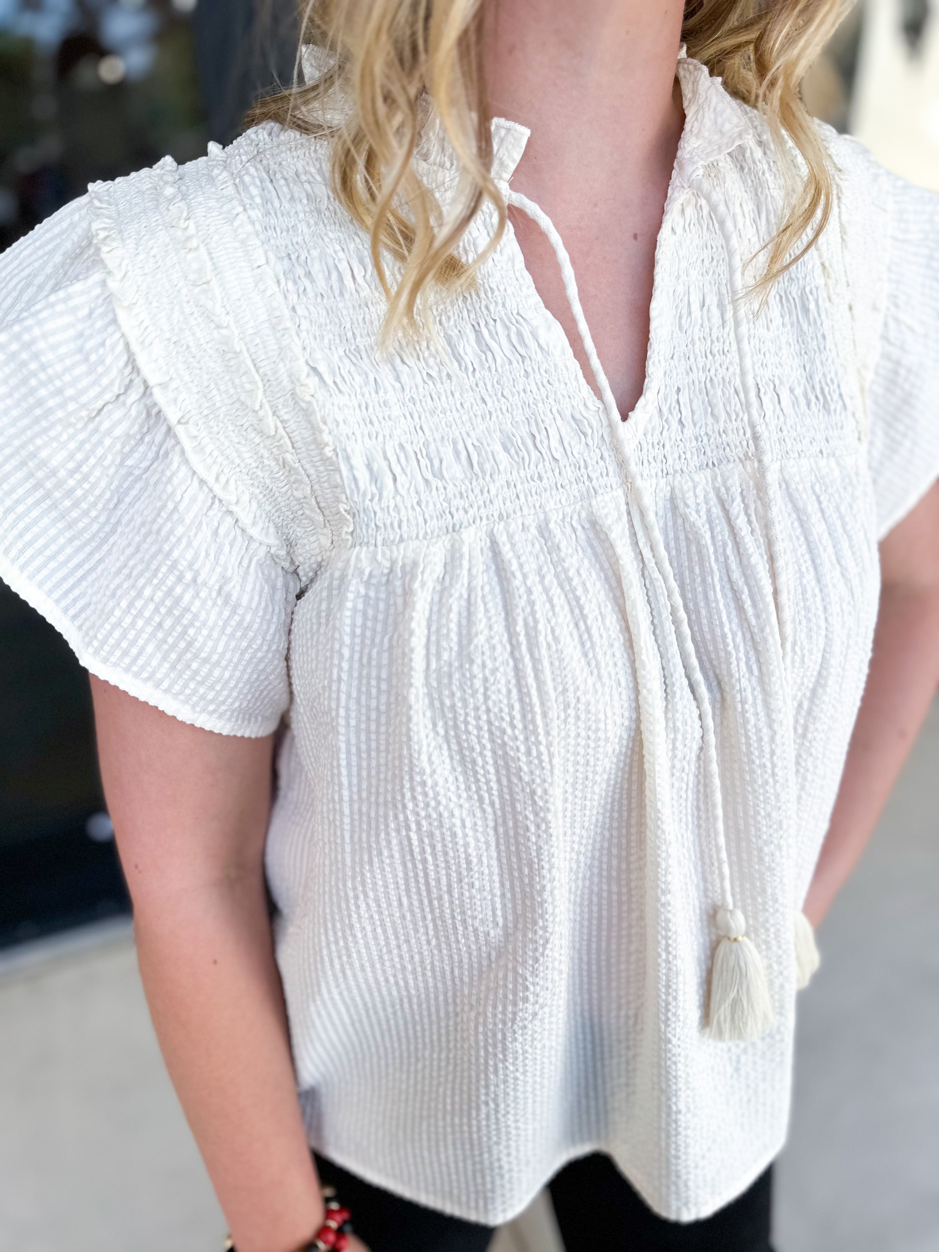THML - Cream Textured Flutter Sleeve Blouse-200 Fashion Blouses-THML-July & June Women's Fashion Boutique Located in San Antonio, Texas