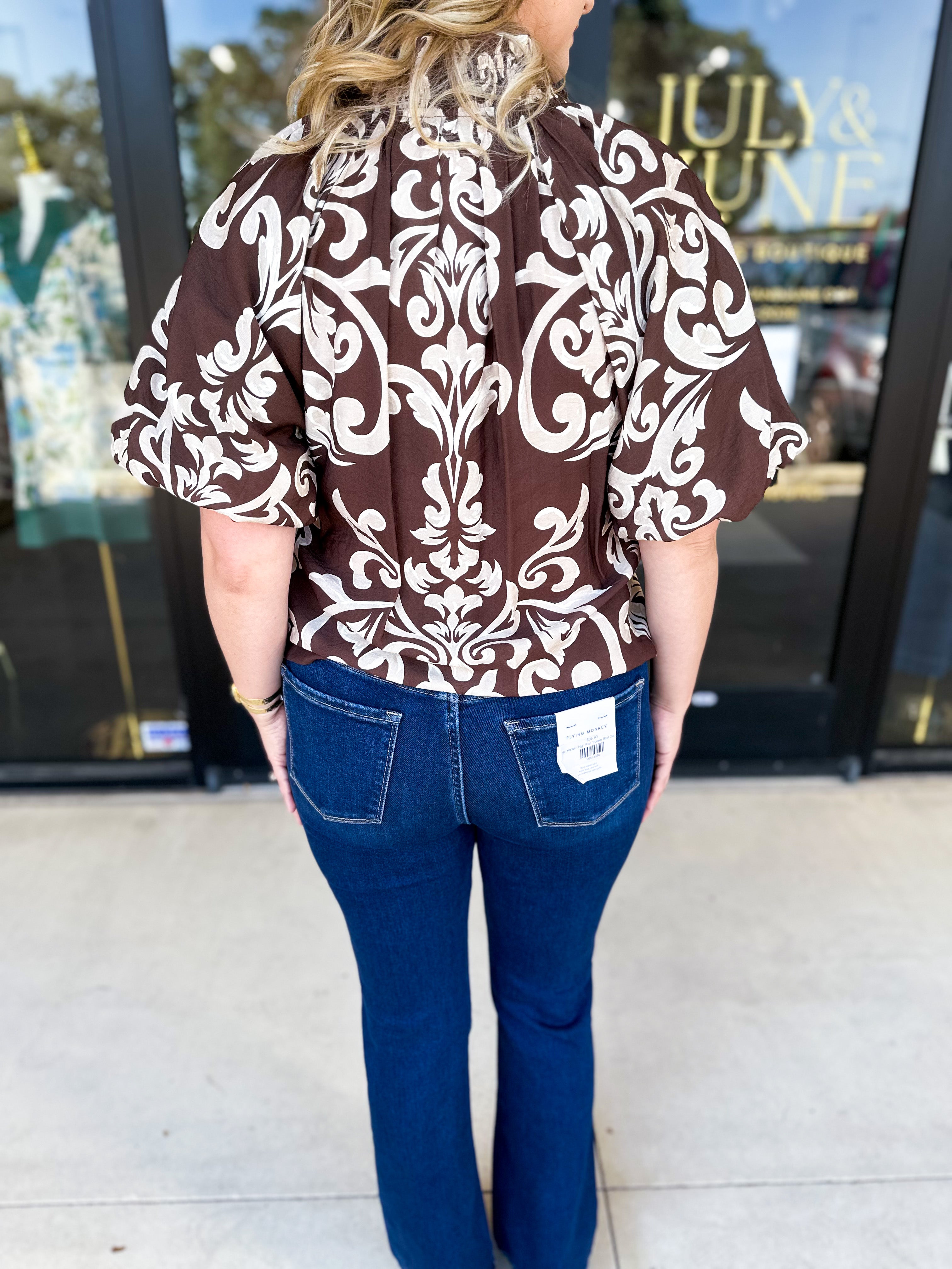 THML - Mocha Scroll Blouse-200 Fashion Blouses-THML-July & June Women's Fashion Boutique Located in San Antonio, Texas