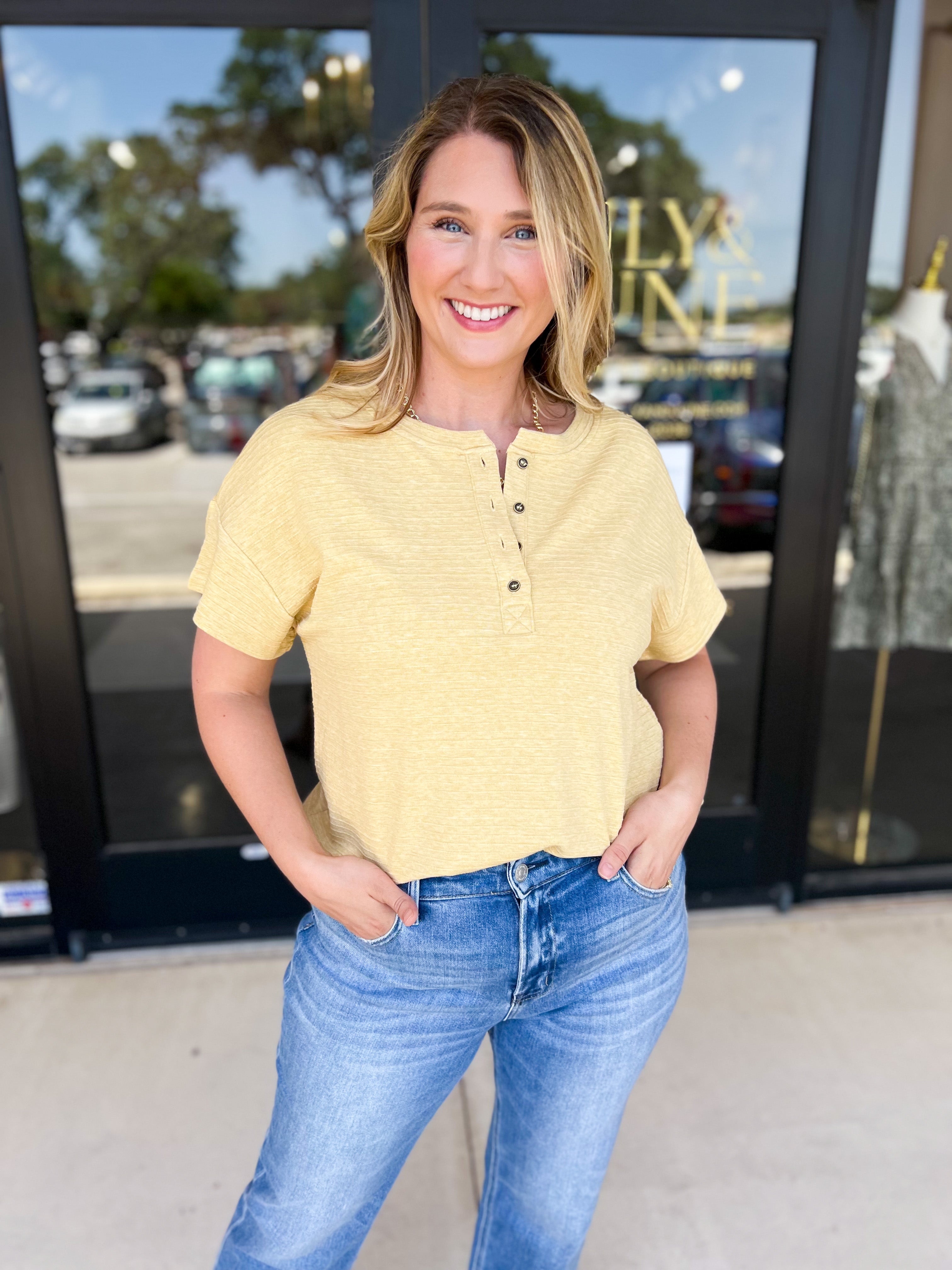 Casual Henley Tees - Butter-210 Casual Blouses-POLOGRAM-July & June Women's Fashion Boutique Located in San Antonio, Texas