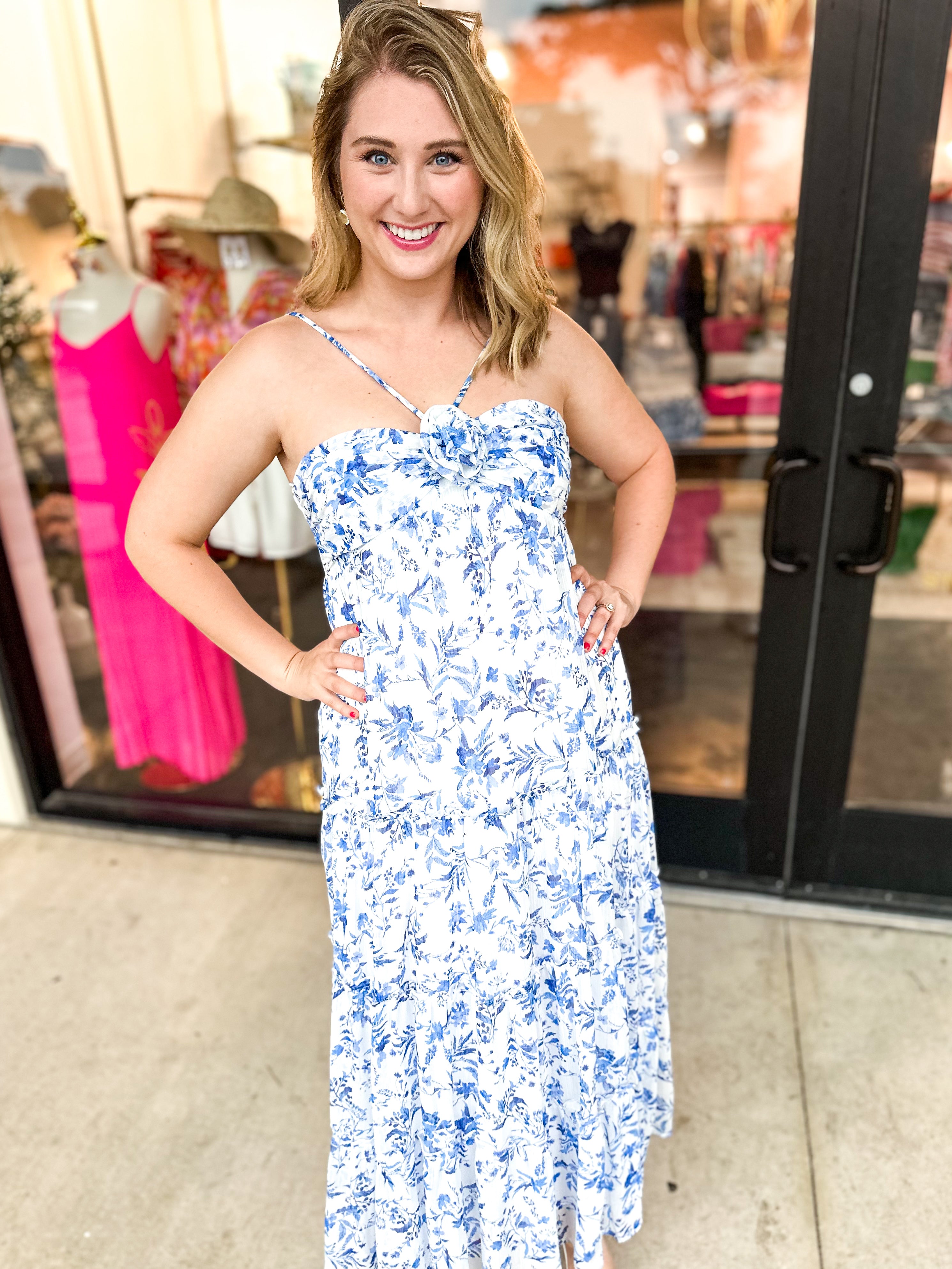 Blue Floral Halter Maxi Dress-500 Midi-SKIES ARE BLUE-July & June Women's Fashion Boutique Located in San Antonio, Texas