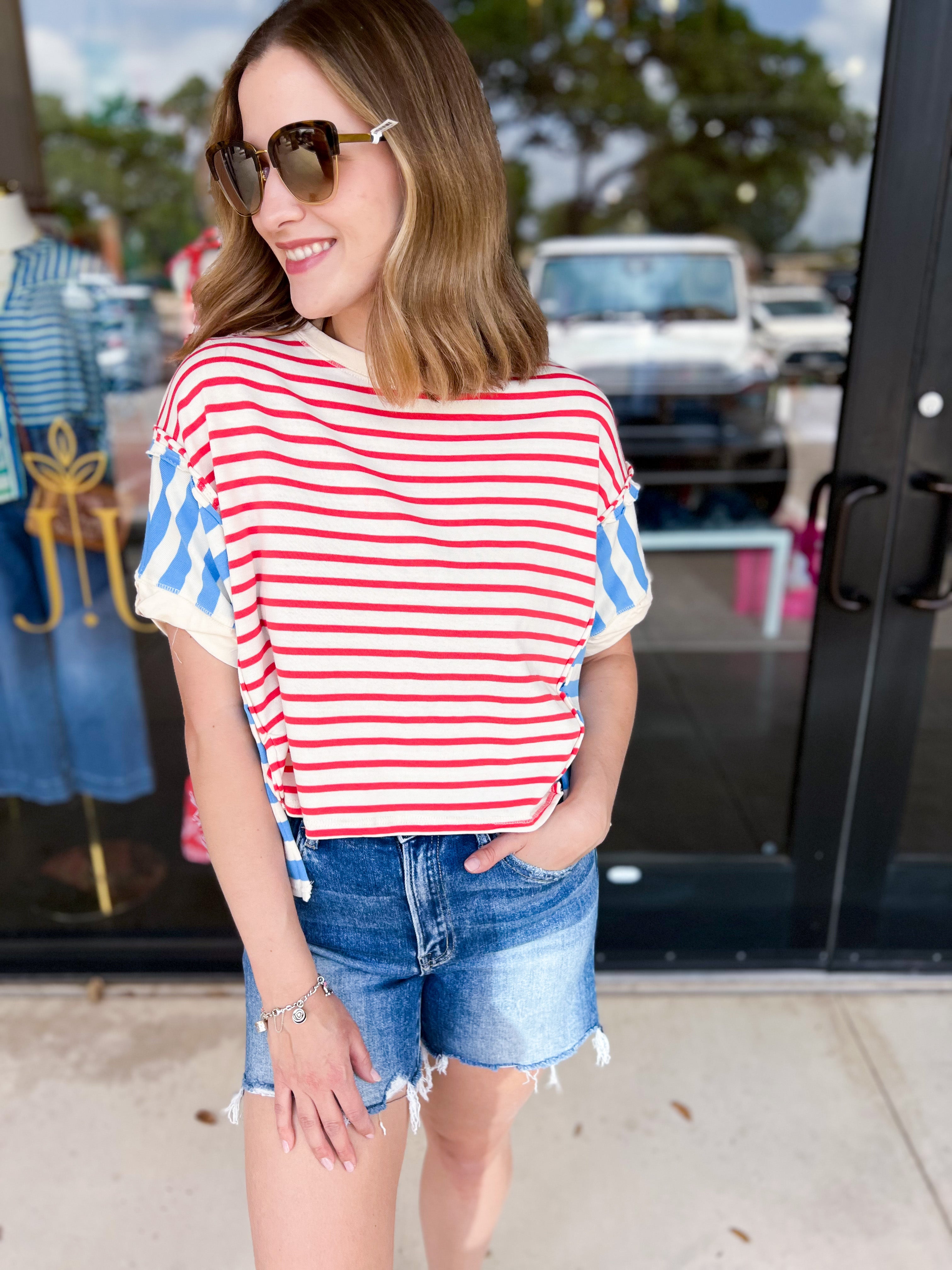 Blue & Red Colorblock Tee-210 Casual Blouses-PEACH LOVE-July & June Women's Fashion Boutique Located in San Antonio, Texas