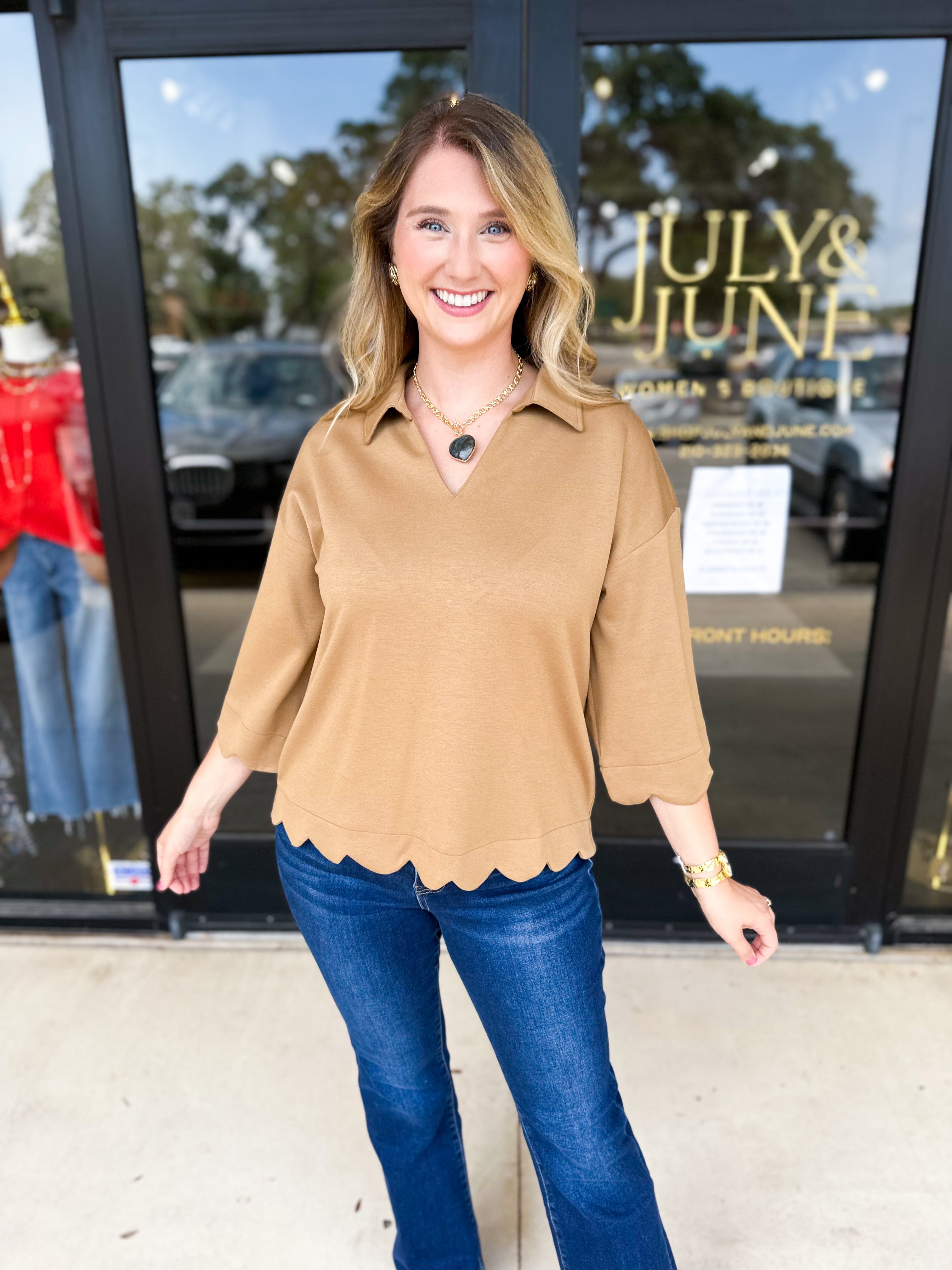 Soft Scalloped Top - Camel-200 Fashion Blouses-JODIFL-July & June Women's Fashion Boutique Located in San Antonio, Texas
