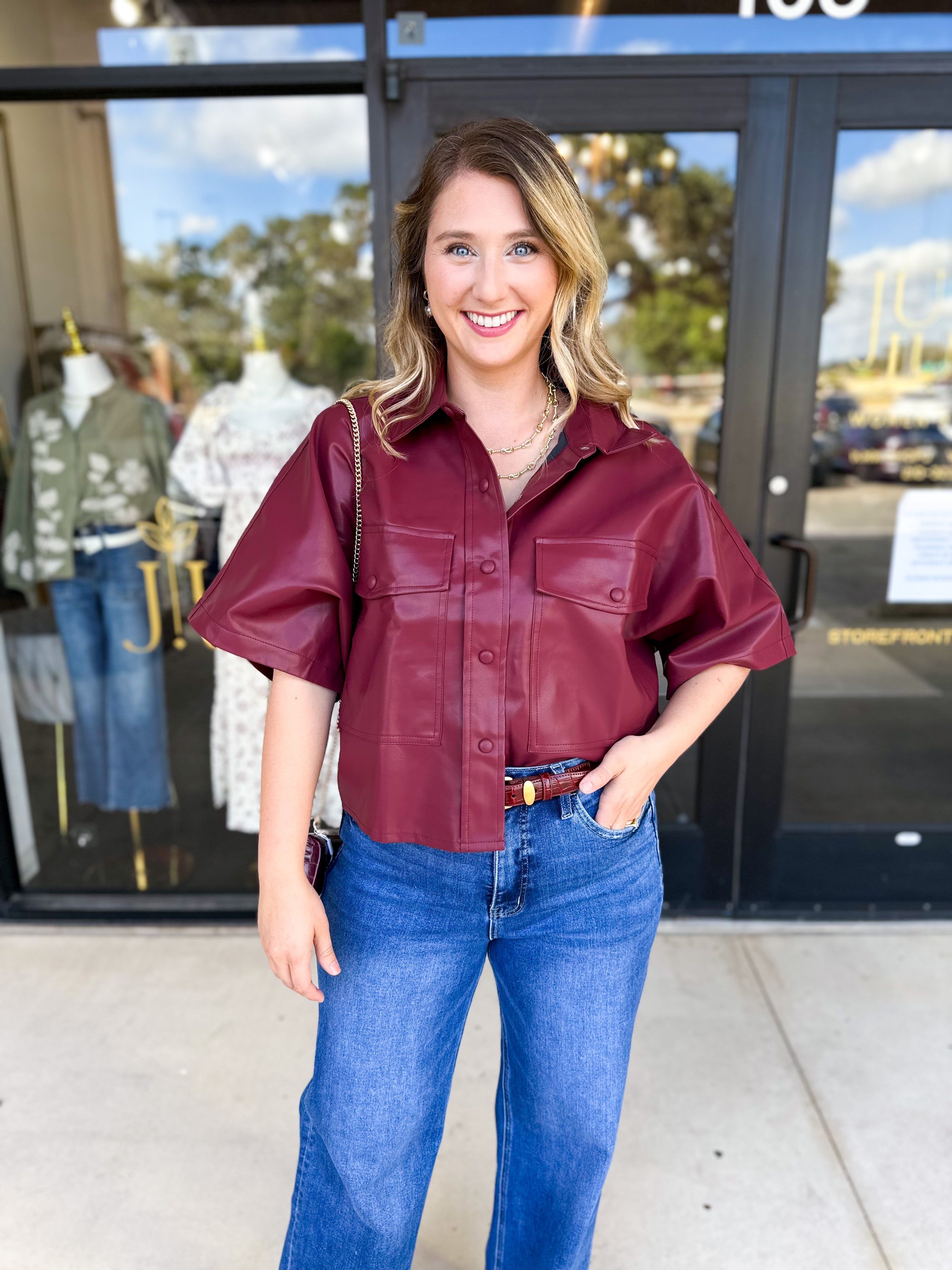 Utility Shirt Jacket - Wine-200 Fashion Blouses-GLAM-July & June Women's Fashion Boutique Located in San Antonio, Texas