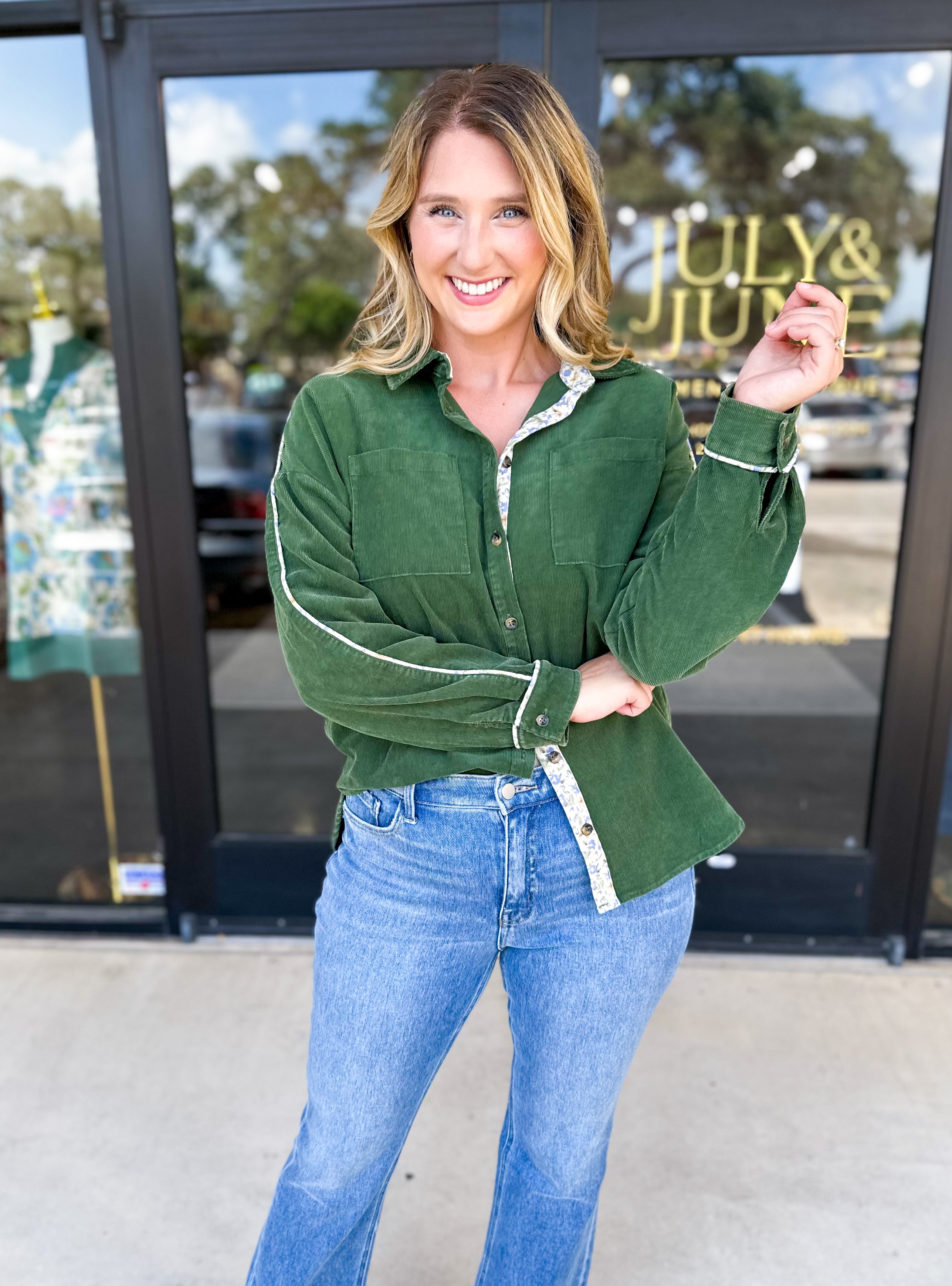 Pine Green Button Down Top-200 Fashion Blouses-JODIFL-July & June Women's Fashion Boutique Located in San Antonio, Texas