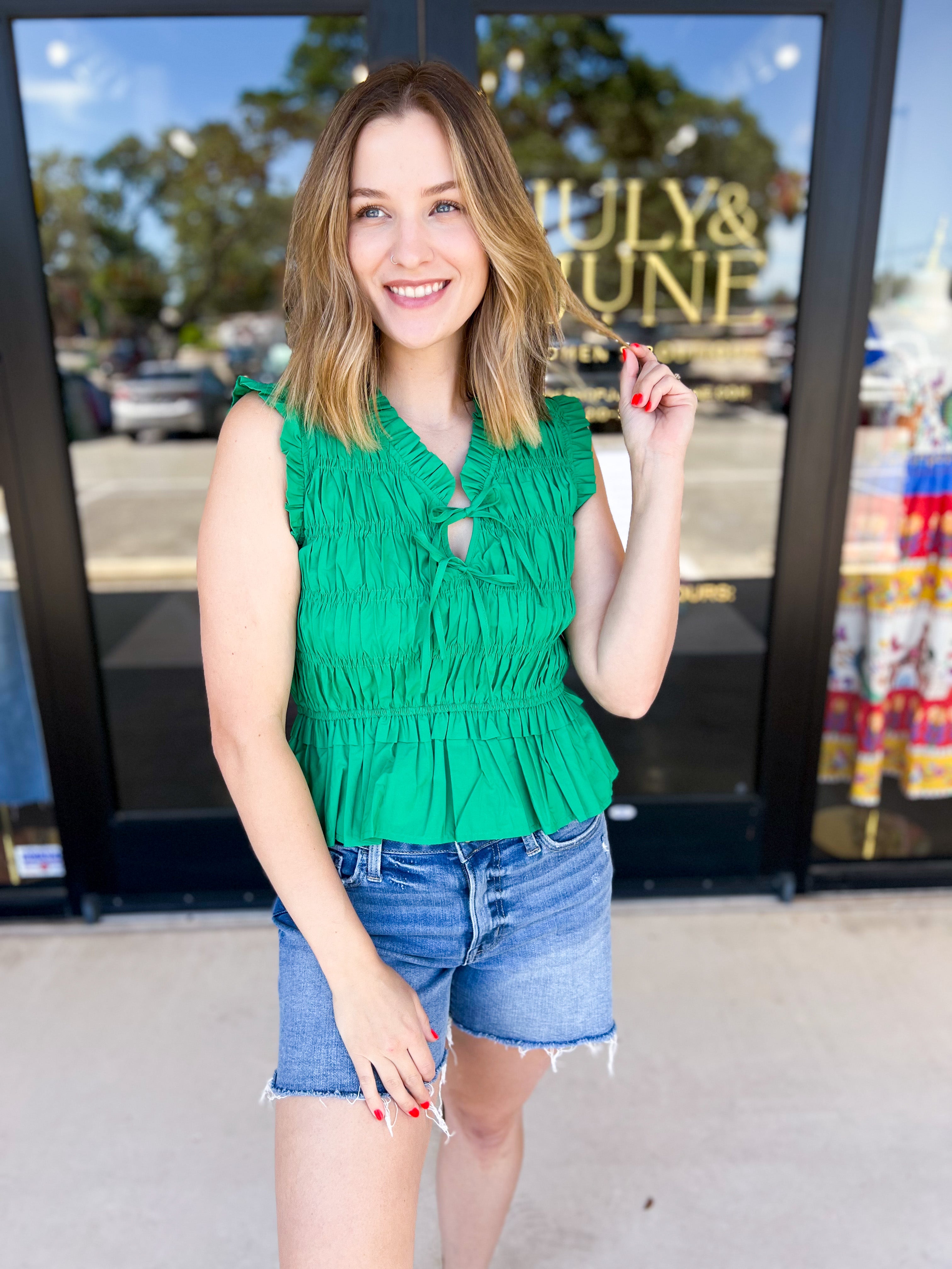 Kelly Green Tied Up Blouse-200 Fashion Blouses-PINCH-July & June Women's Fashion Boutique Located in San Antonio, Texas