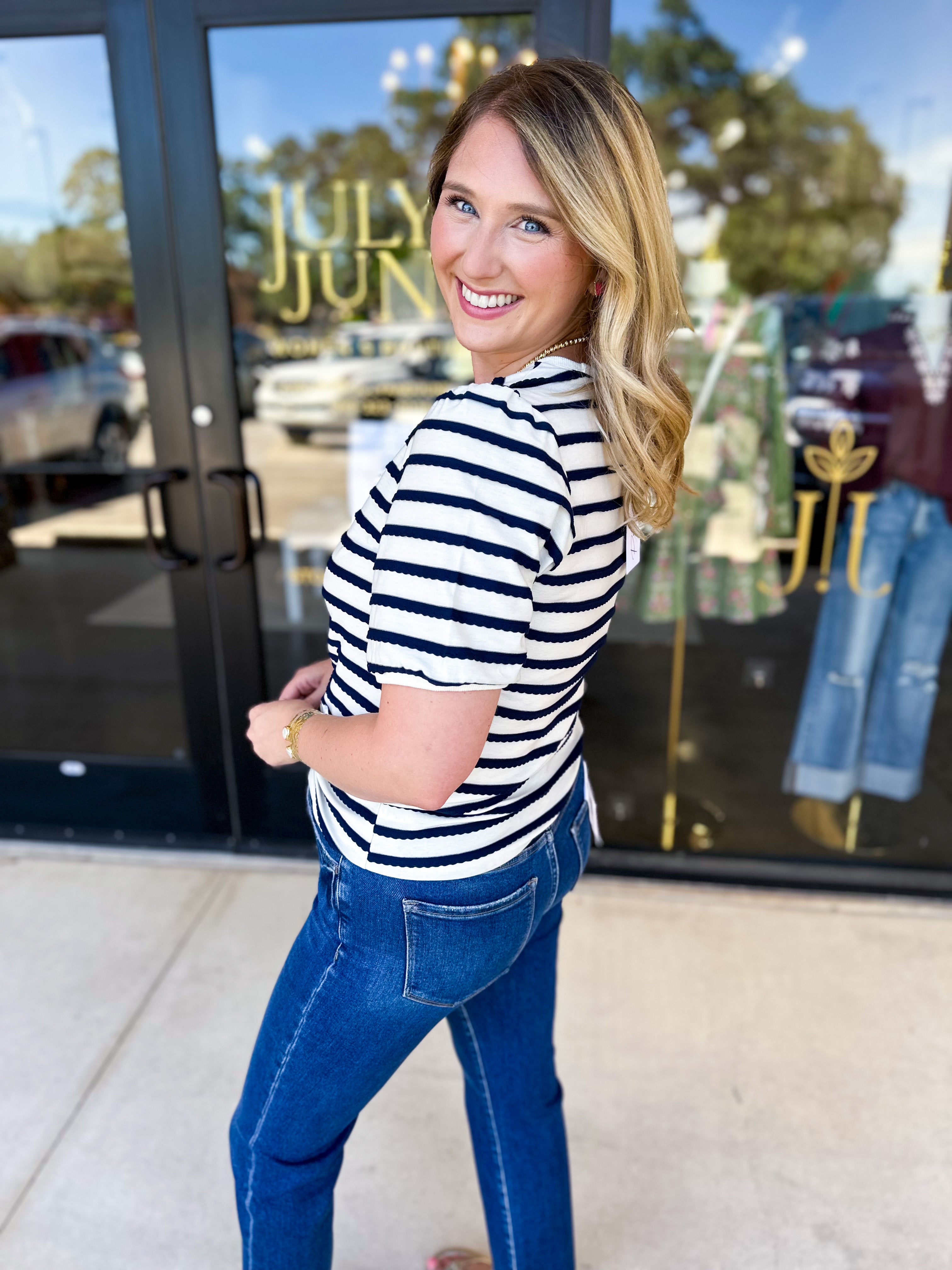 Striped Round Neck Tee - Navy-210 Casual Blouses-POLOGRAM-July & June Women's Fashion Boutique Located in San Antonio, Texas