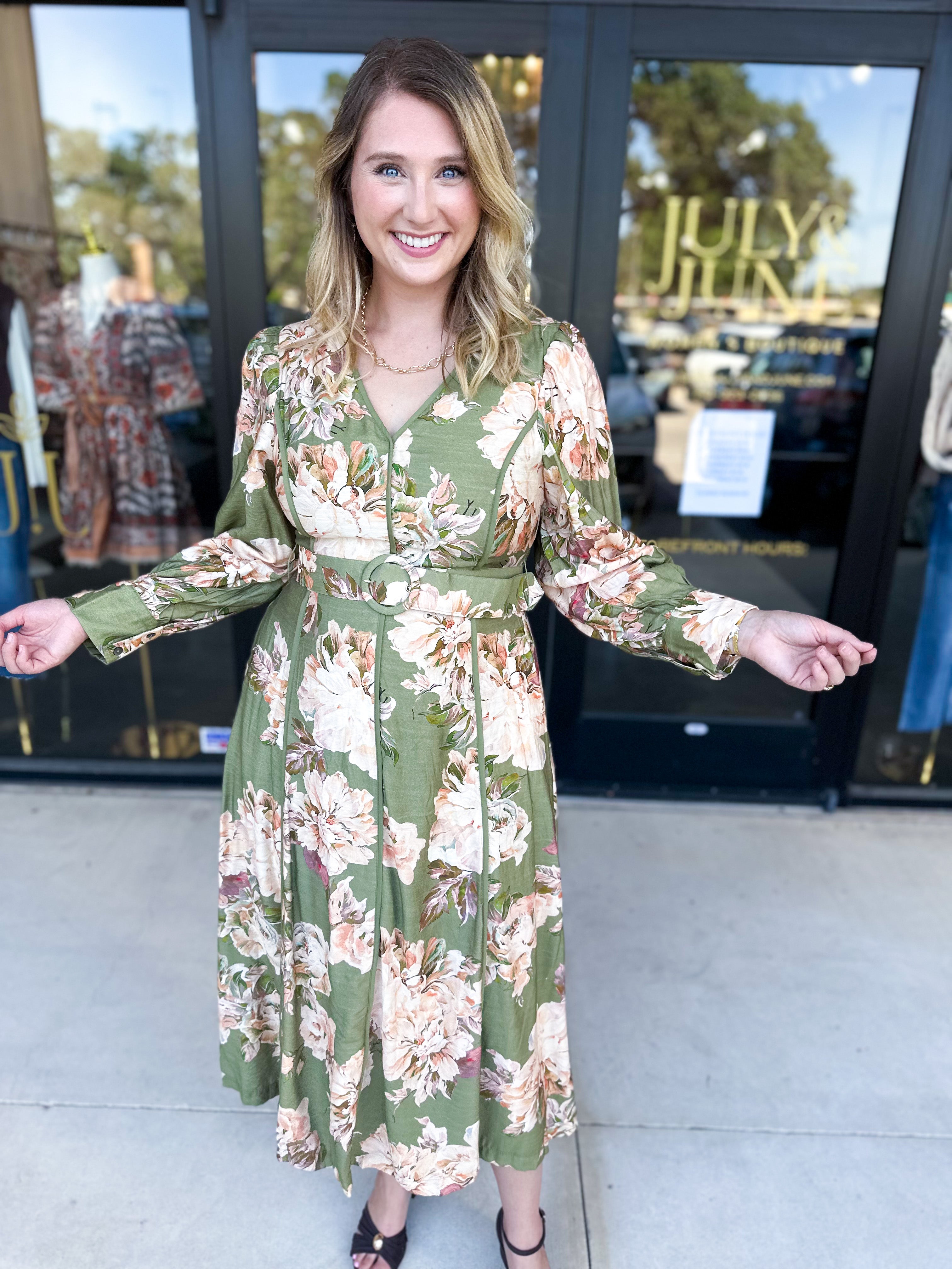 Fall Meadows Midi Dress - Olive-500 Midi-ENTRO-July & June Women's Fashion Boutique Located in San Antonio, Texas