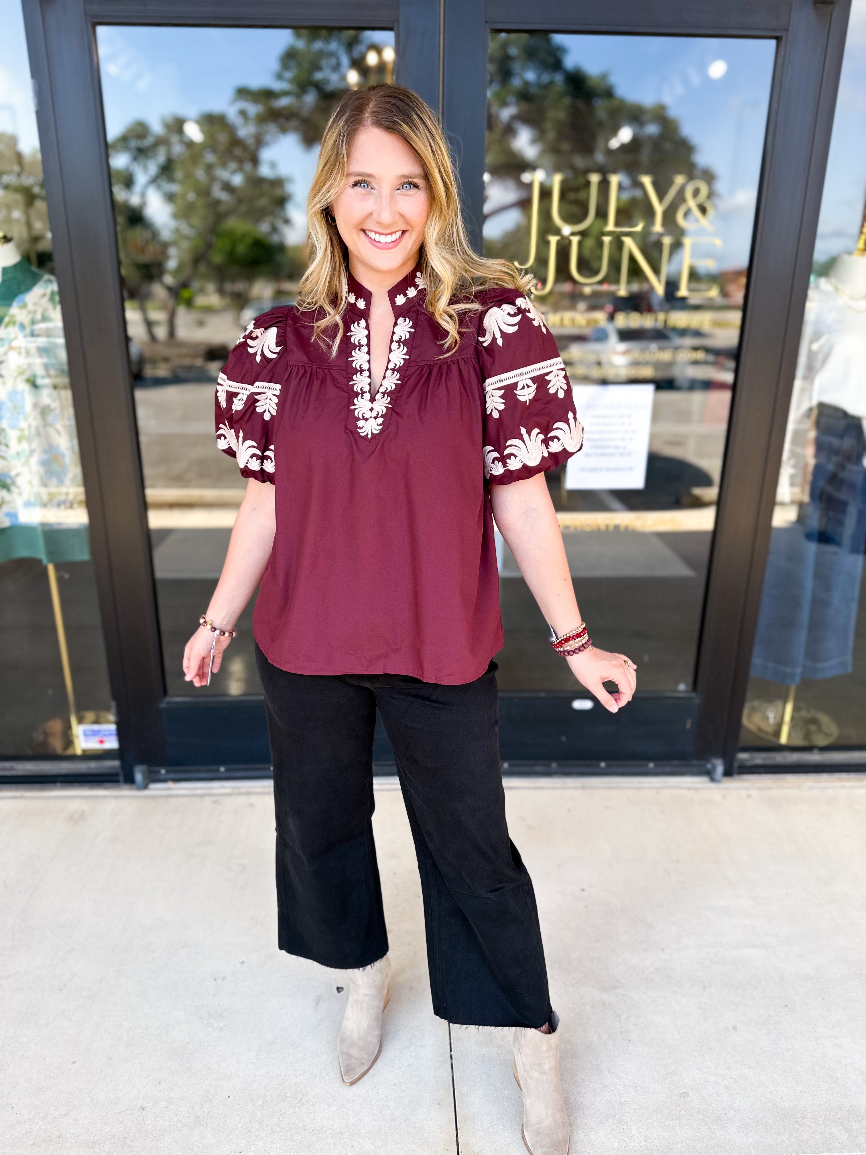 Maroon Embroidered Blouse-200 Fashion Blouses-ENTRO-July & June Women's Fashion Boutique Located in San Antonio, Texas
