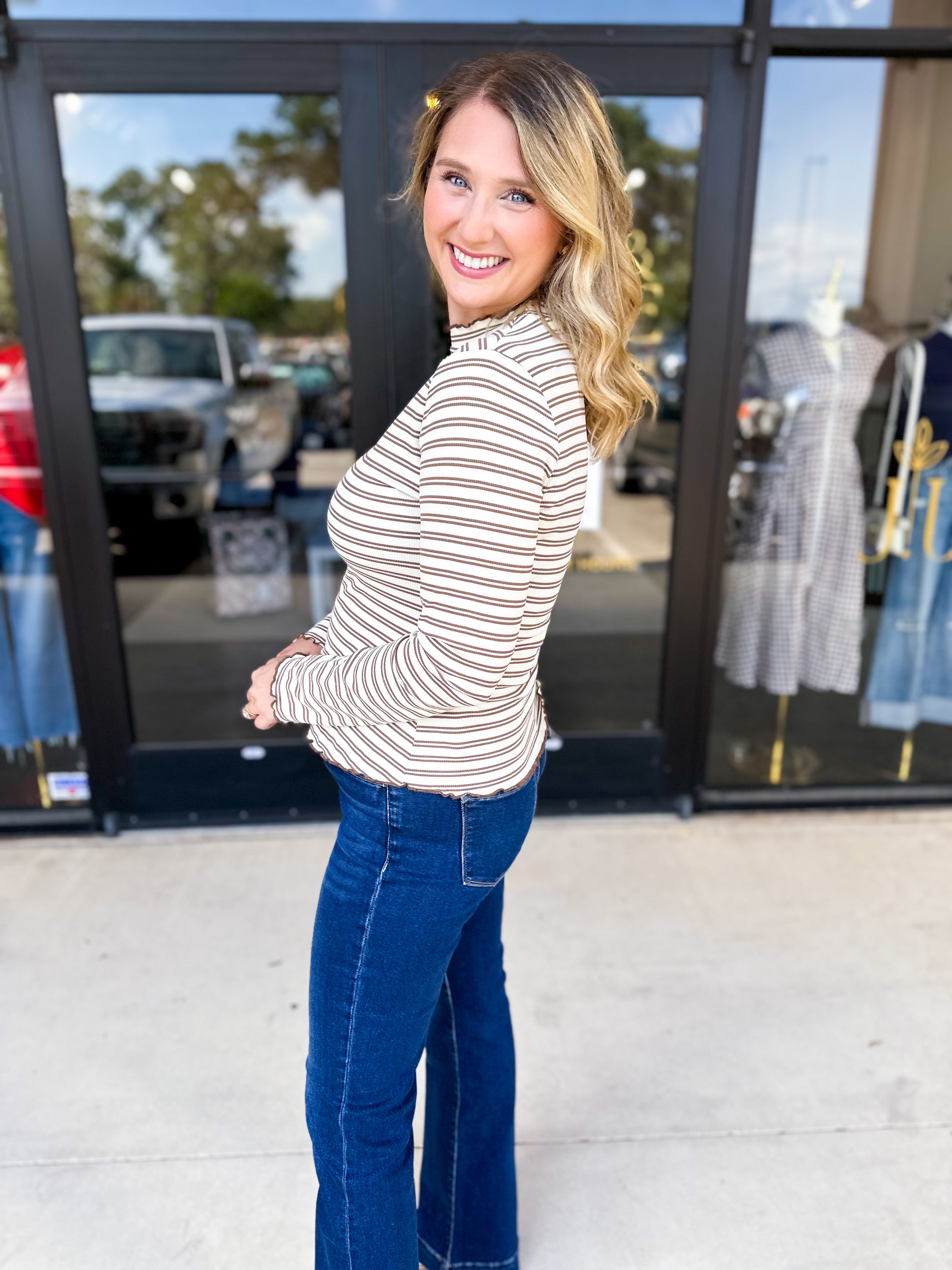 Stripe Mock Neck Long Sleeve - Mocha-210 Casual Blouses-POLOGRAM-July & June Women's Fashion Boutique Located in San Antonio, Texas