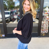Varsity Cheetah Detail Blouse - Black-200 Fashion Blouses-ENTRO-July & June Women's Fashion Boutique Located in San Antonio, Texas
