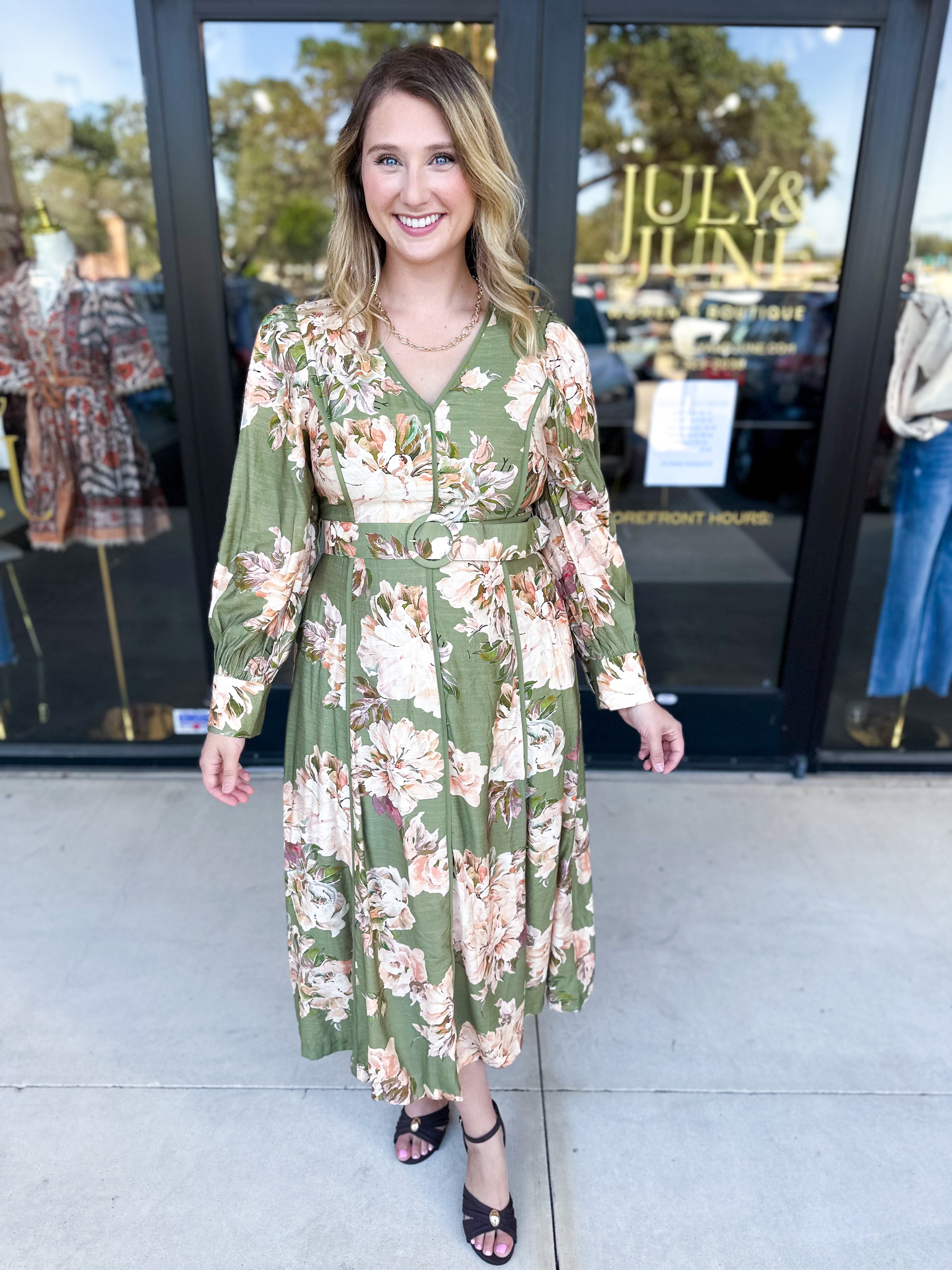 Fall Meadows Midi Dress - Olive-500 Midi-ENTRO-July & June Women's Fashion Boutique Located in San Antonio, Texas
