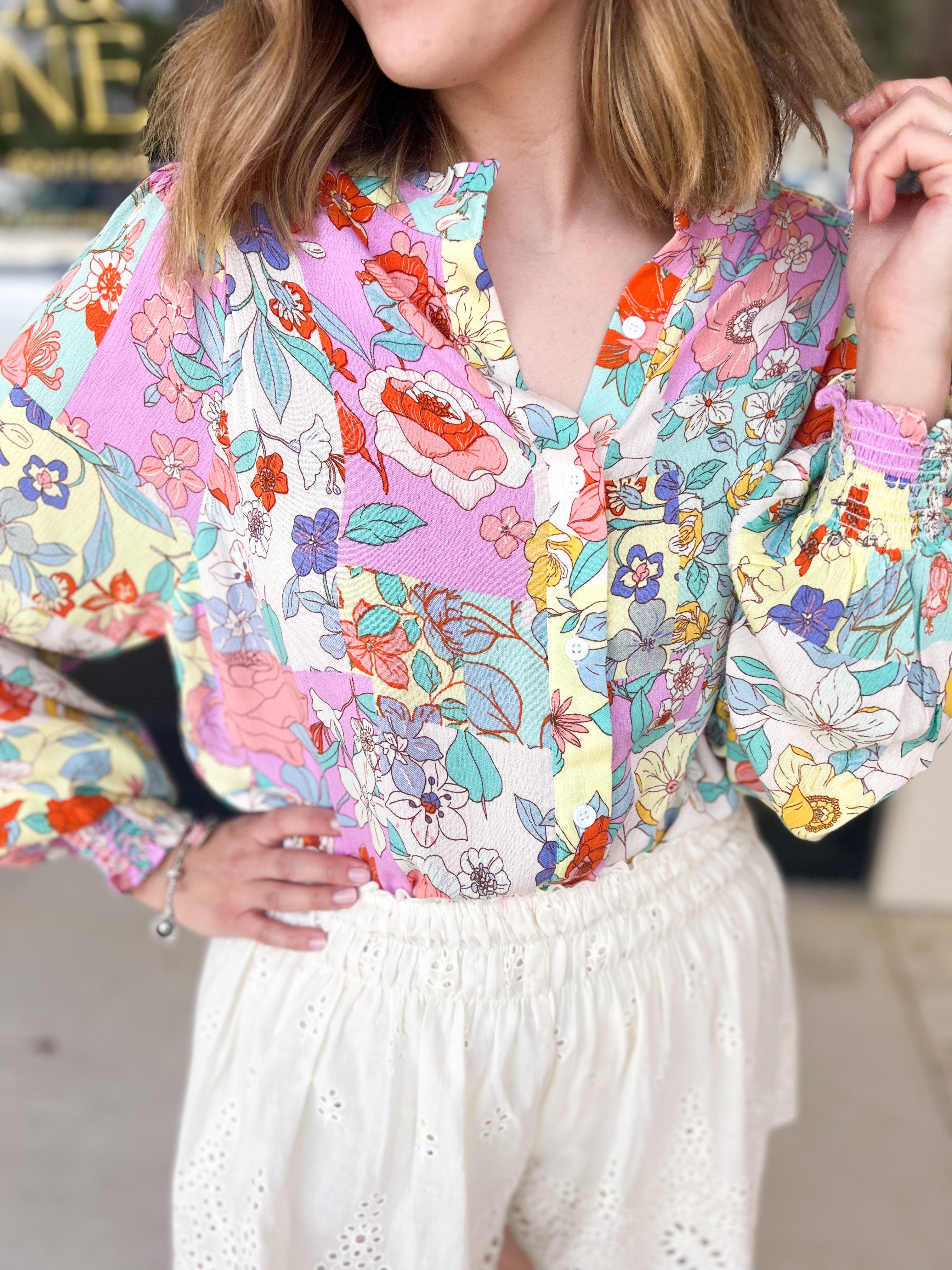 Lavender & Yellow Floral Blouse-200 Fashion Blouses-FATE-July & June Women's Fashion Boutique Located in San Antonio, Texas