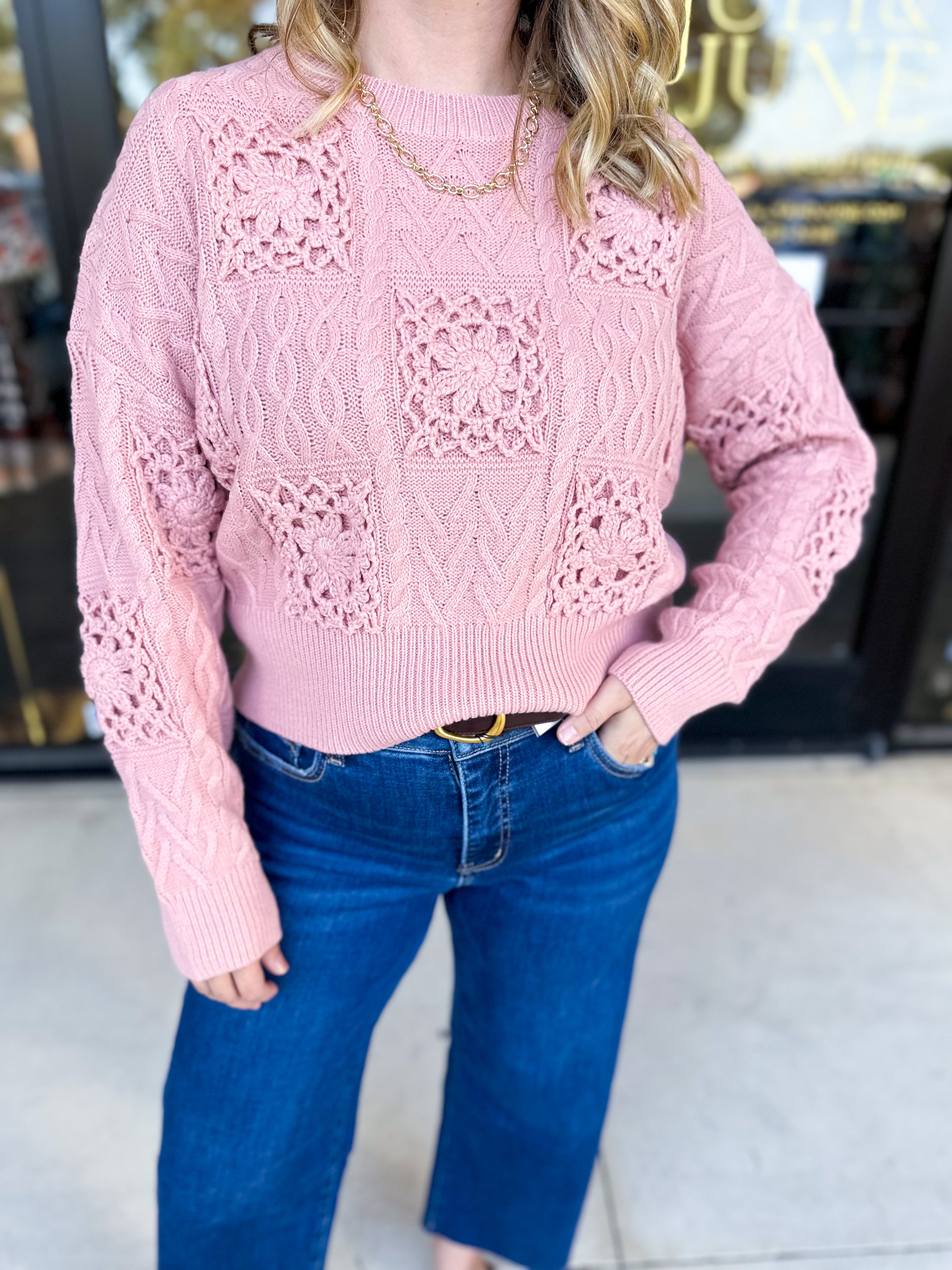 Blush Crochet Sweater-230 Sweaters/Cardis-LISTICLE-July & June Women's Fashion Boutique Located in San Antonio, Texas