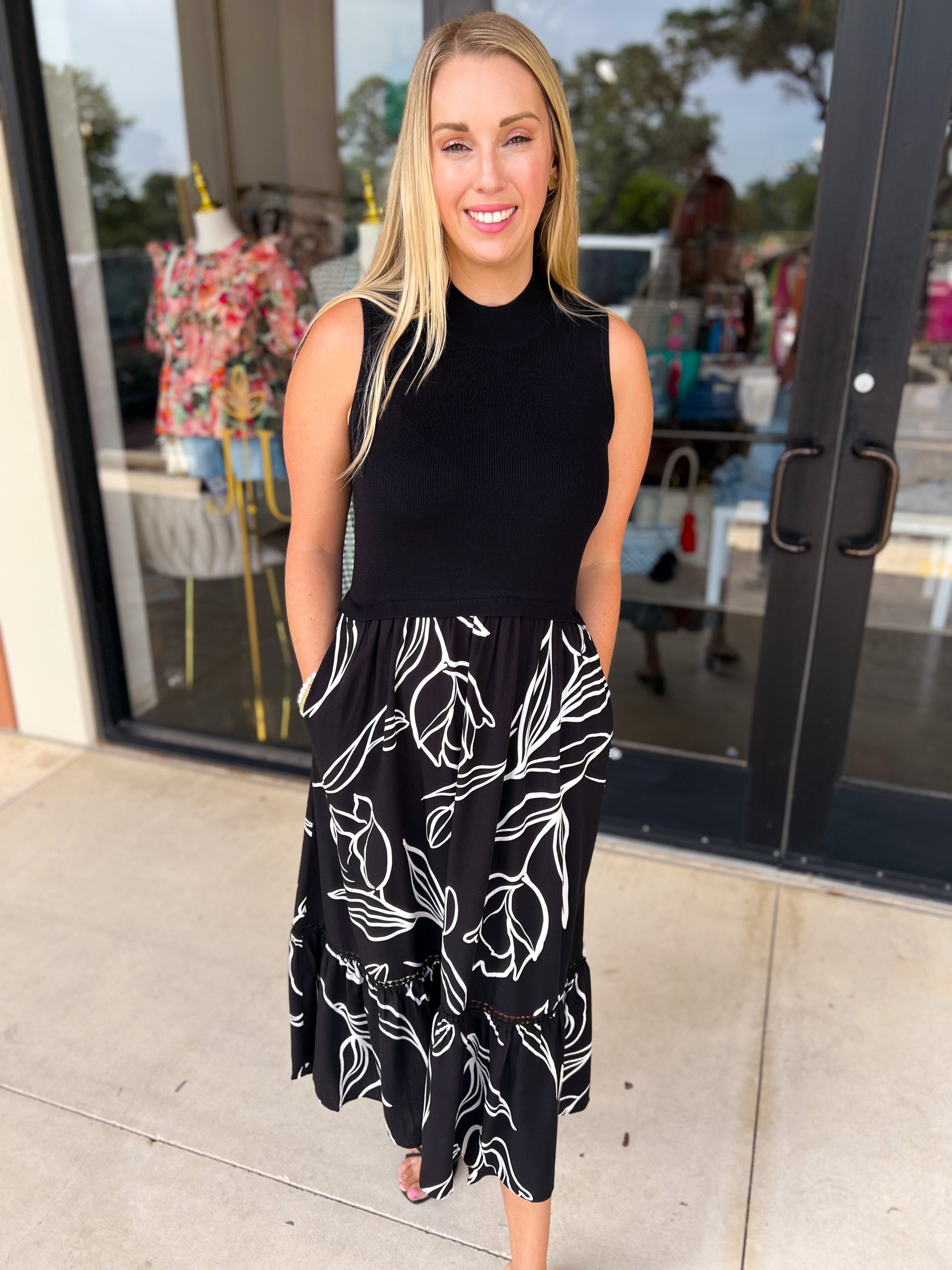 Black & White Abstract Floral Midi Dress-500 Midi-SKIES ARE BLUE-July & June Women's Fashion Boutique Located in San Antonio, Texas