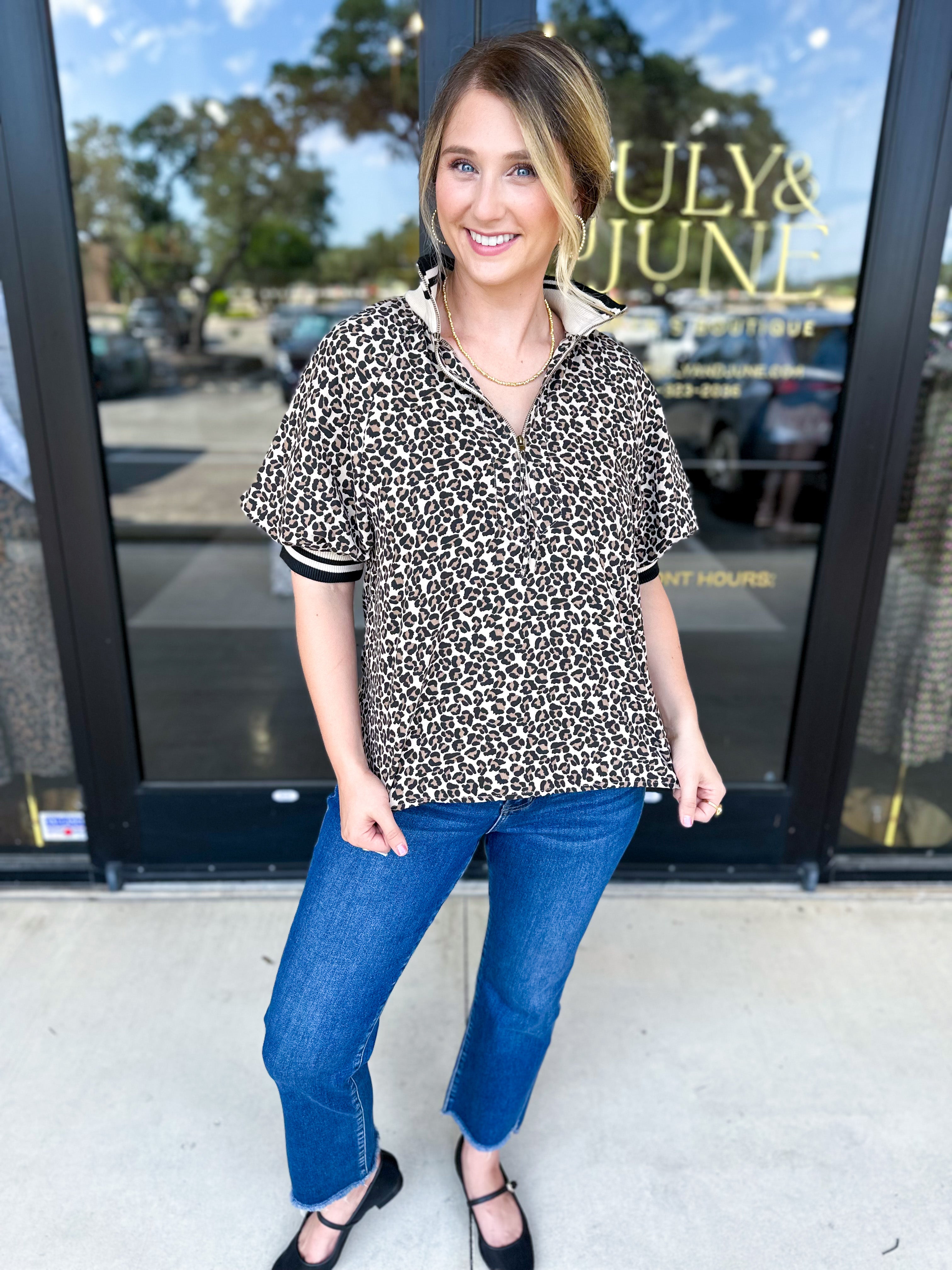 Zip Up Cheetah Top-200 Fashion Blouses-ENTRO-July & June Women's Fashion Boutique Located in San Antonio, Texas