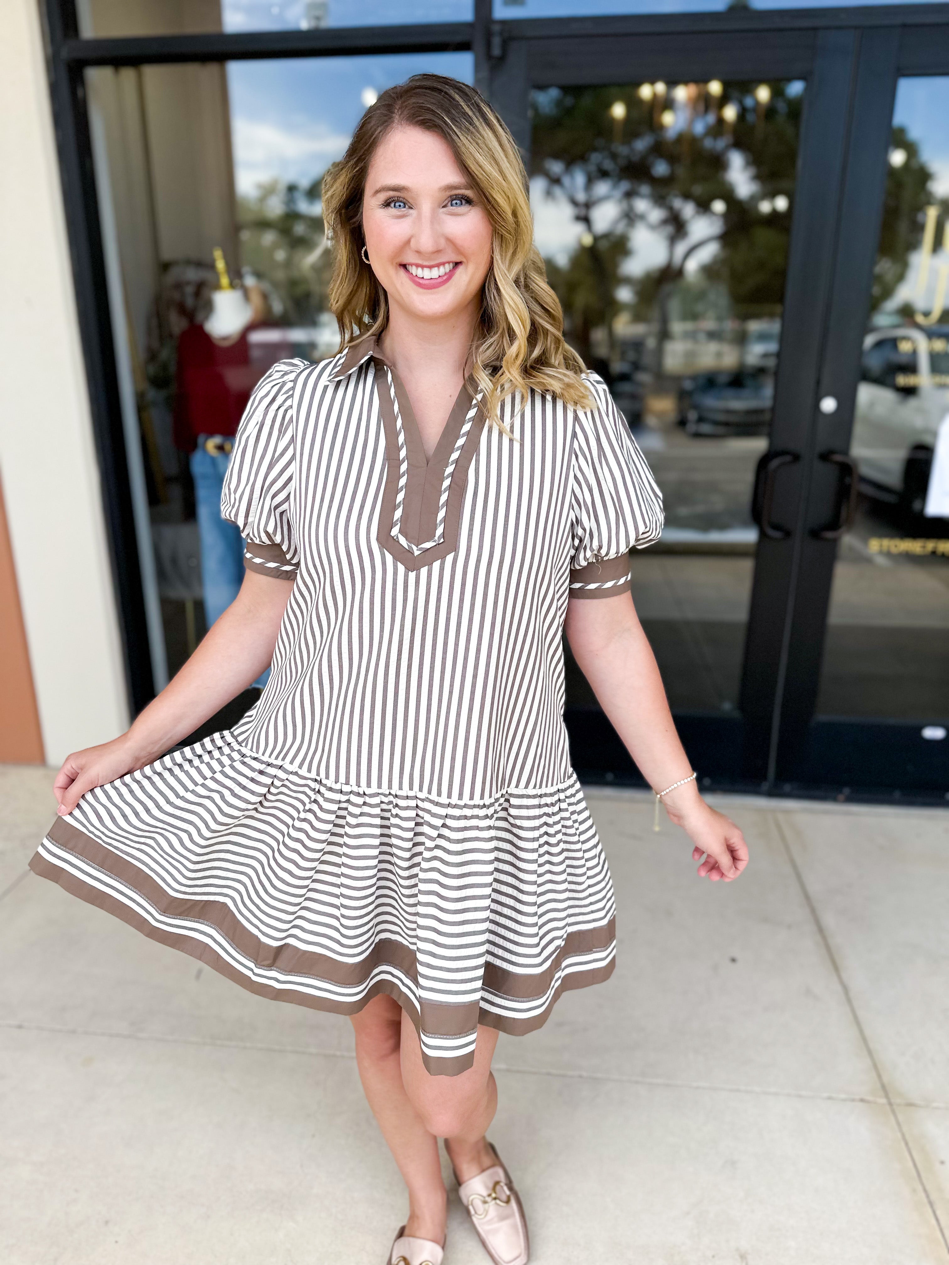 Mocha Stripe Mini Dress-510 Mini-ENTRO-July & June Women's Fashion Boutique Located in San Antonio, Texas