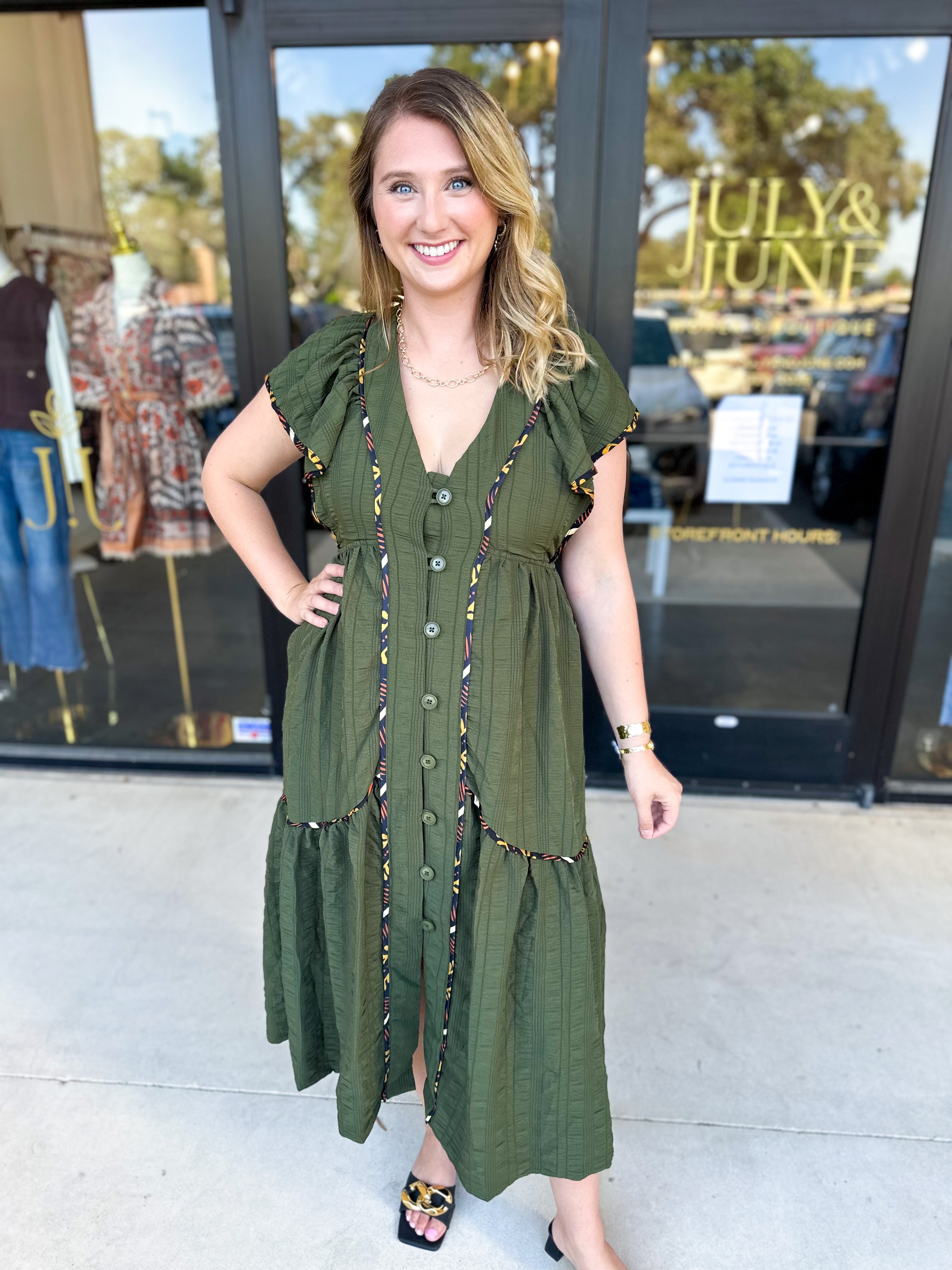 THML - Dark Olive Midi Dress-500 Midi-THML-July & June Women's Fashion Boutique Located in San Antonio, Texas