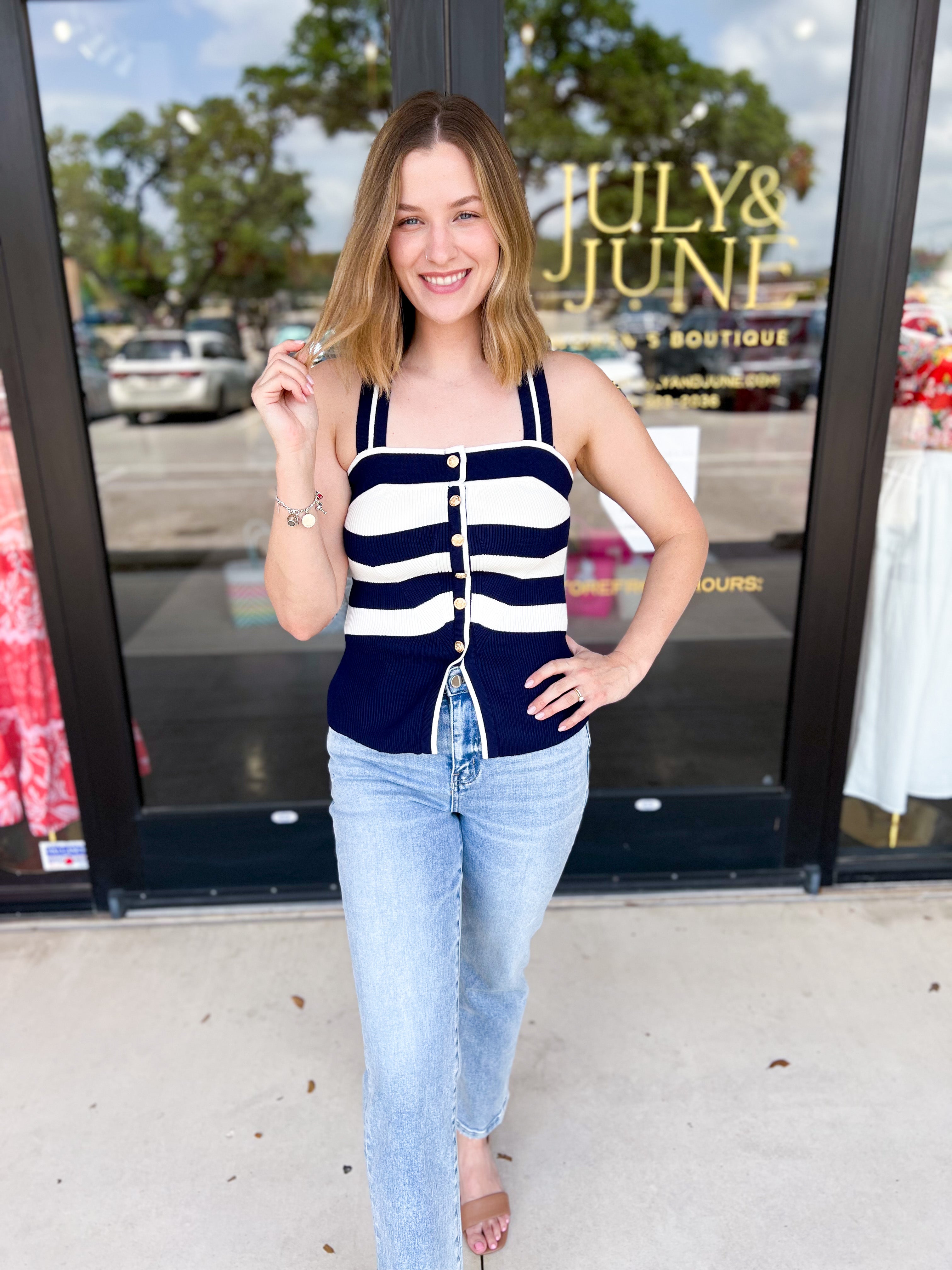Navy & Ivory Knit Vest-200 Fashion Blouses-FLYING TOMATO-July & June Women's Fashion Boutique Located in San Antonio, Texas