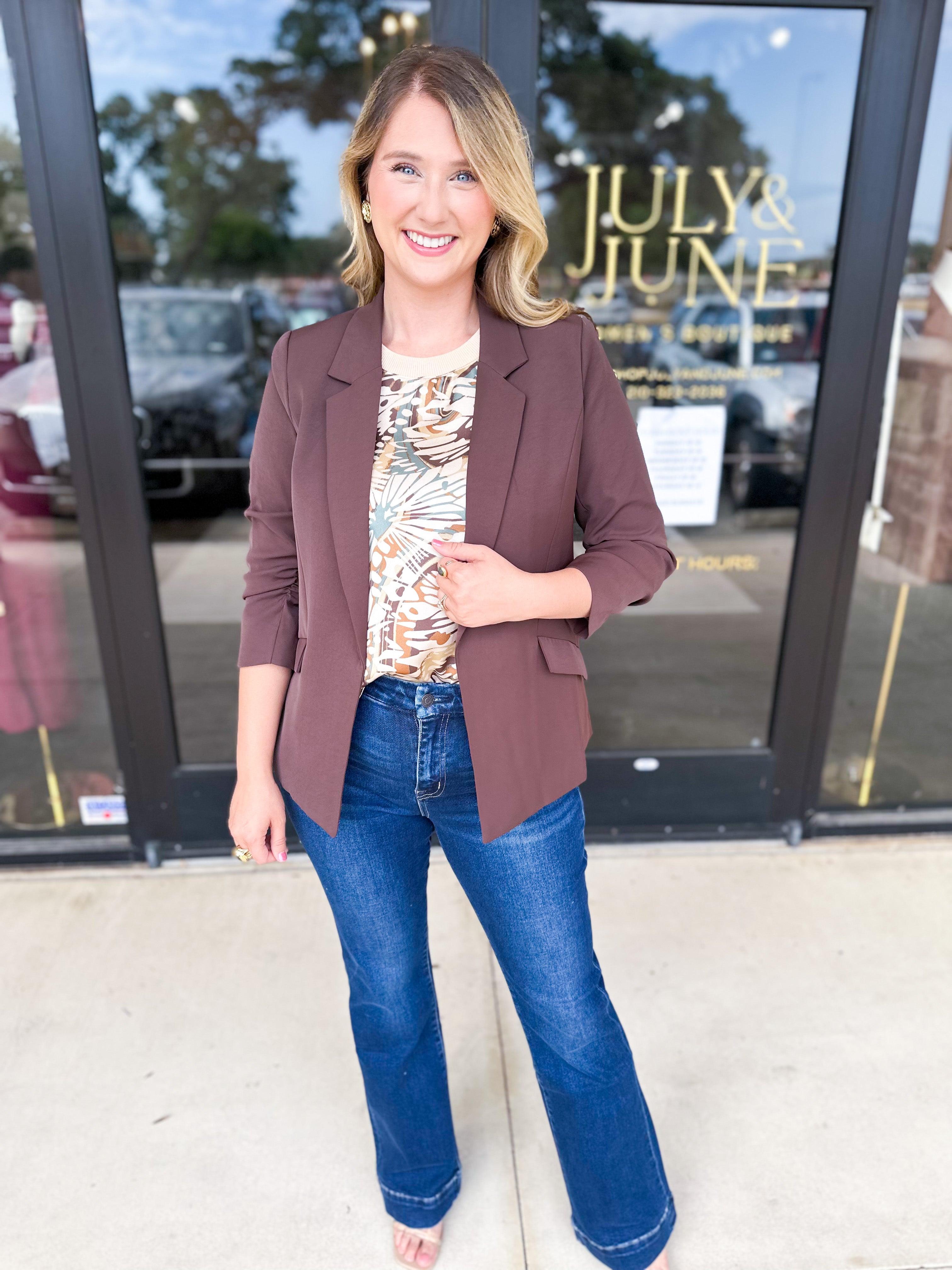 The Blair Blazer - Espresso-600 Outerwear-SKIES ARE BLUE-July & June Women's Fashion Boutique Located in San Antonio, Texas