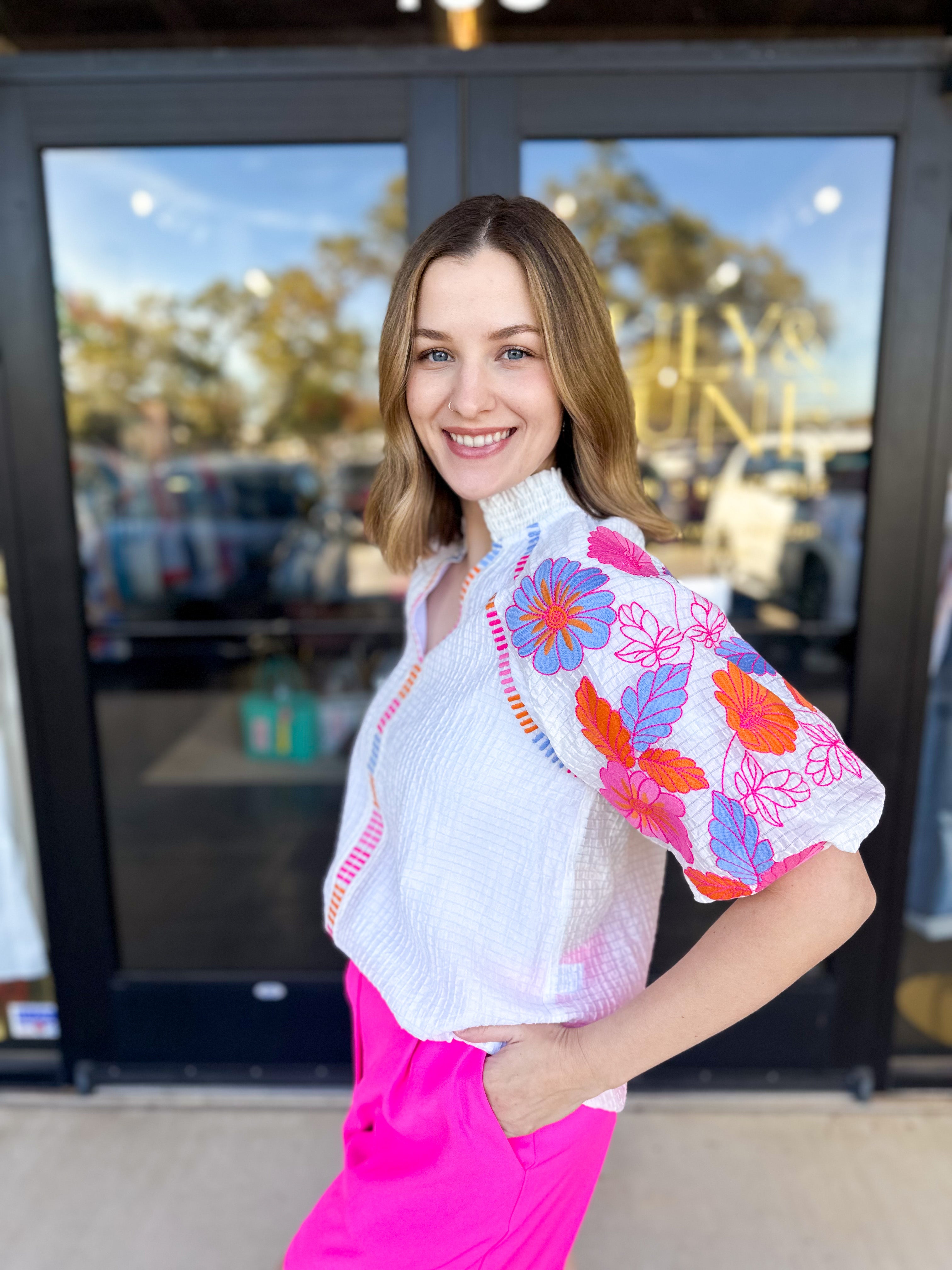 THML - Spring Florals Embroidered Blouse- Ivory-200 Fashion Blouses-THML-July & June Women's Fashion Boutique Located in San Antonio, Texas