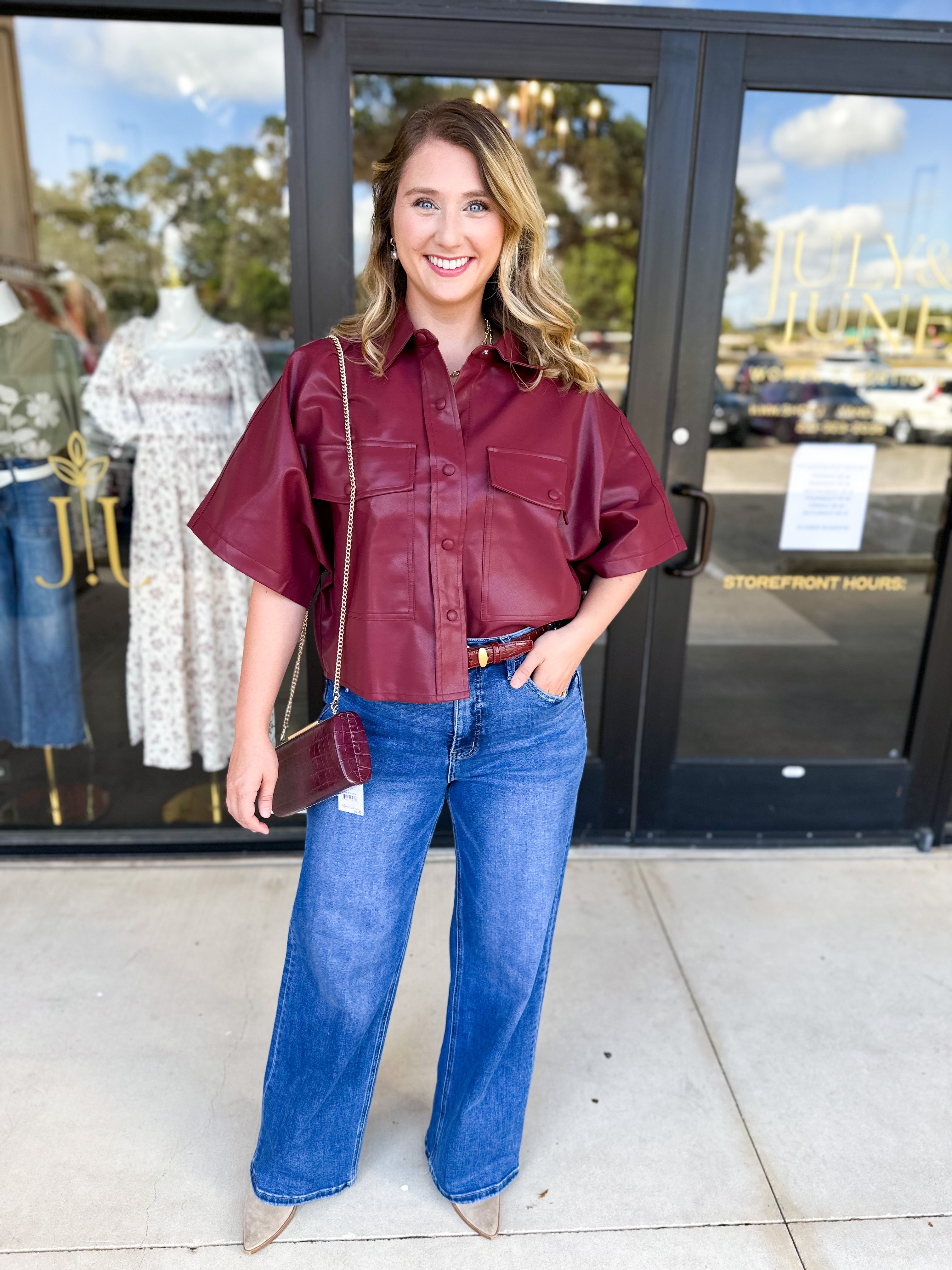 Utility Shirt Jacket - Wine-200 Fashion Blouses-GLAM-July & June Women's Fashion Boutique Located in San Antonio, Texas