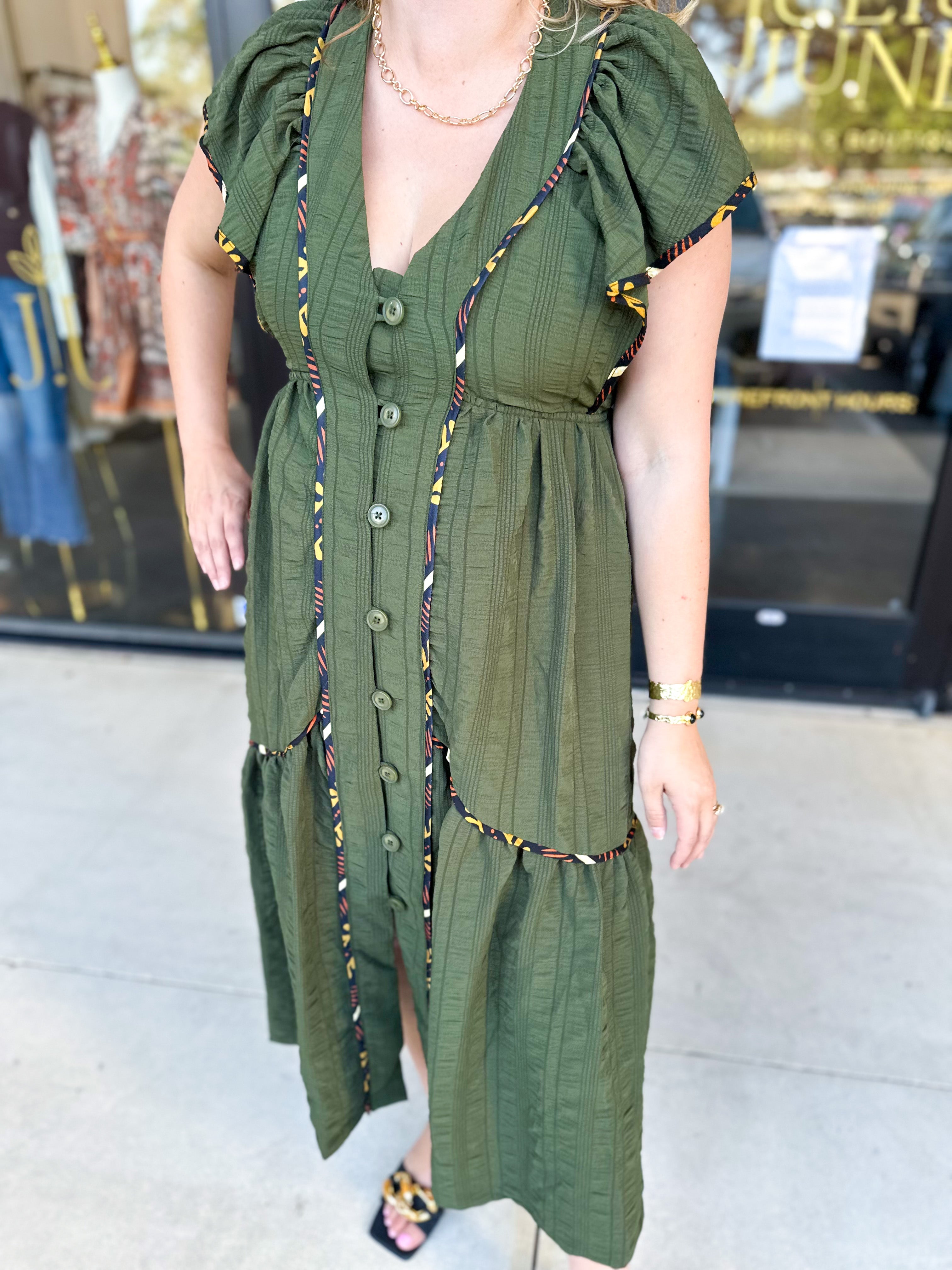 THML - Dark Olive Midi Dress-500 Midi-THML-July & June Women's Fashion Boutique Located in San Antonio, Texas