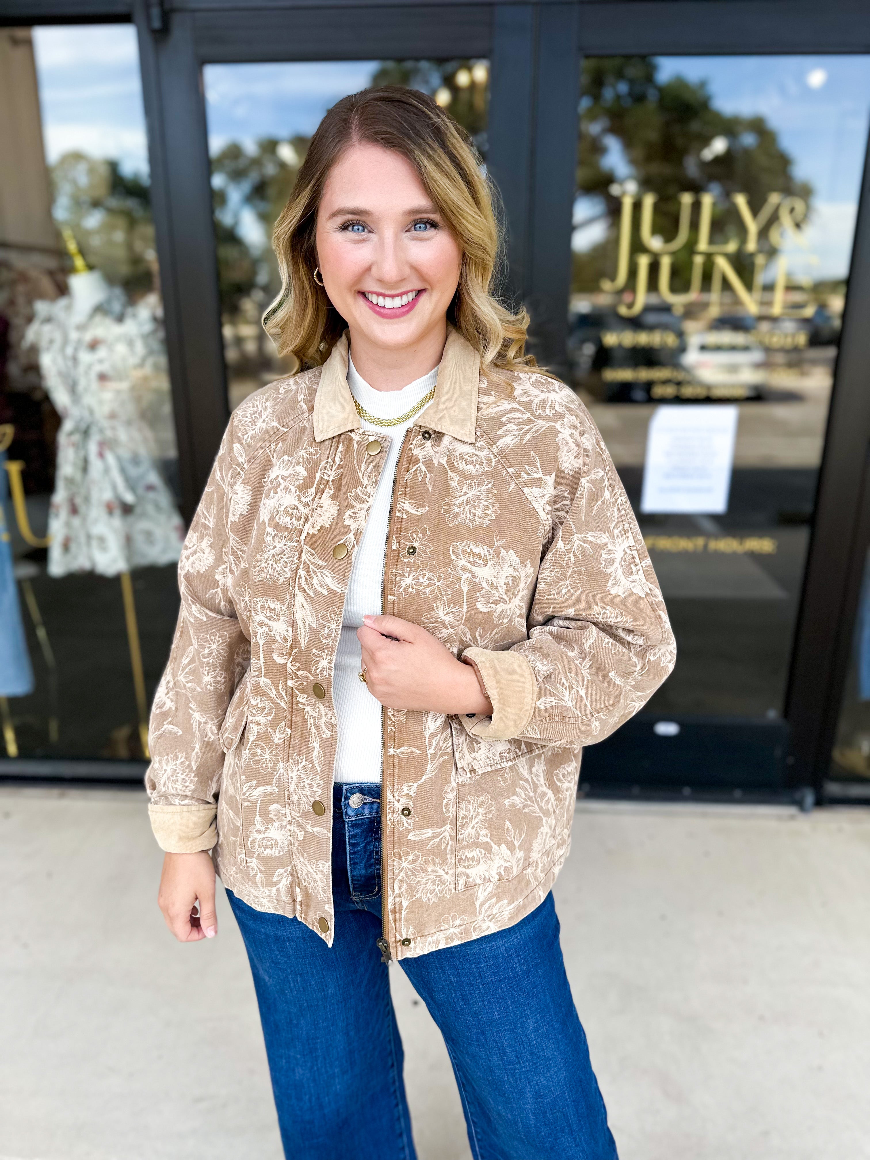 Tan Floral Jacket-600 Outerwear-FATE-July & June Women's Fashion Boutique Located in San Antonio, Texas