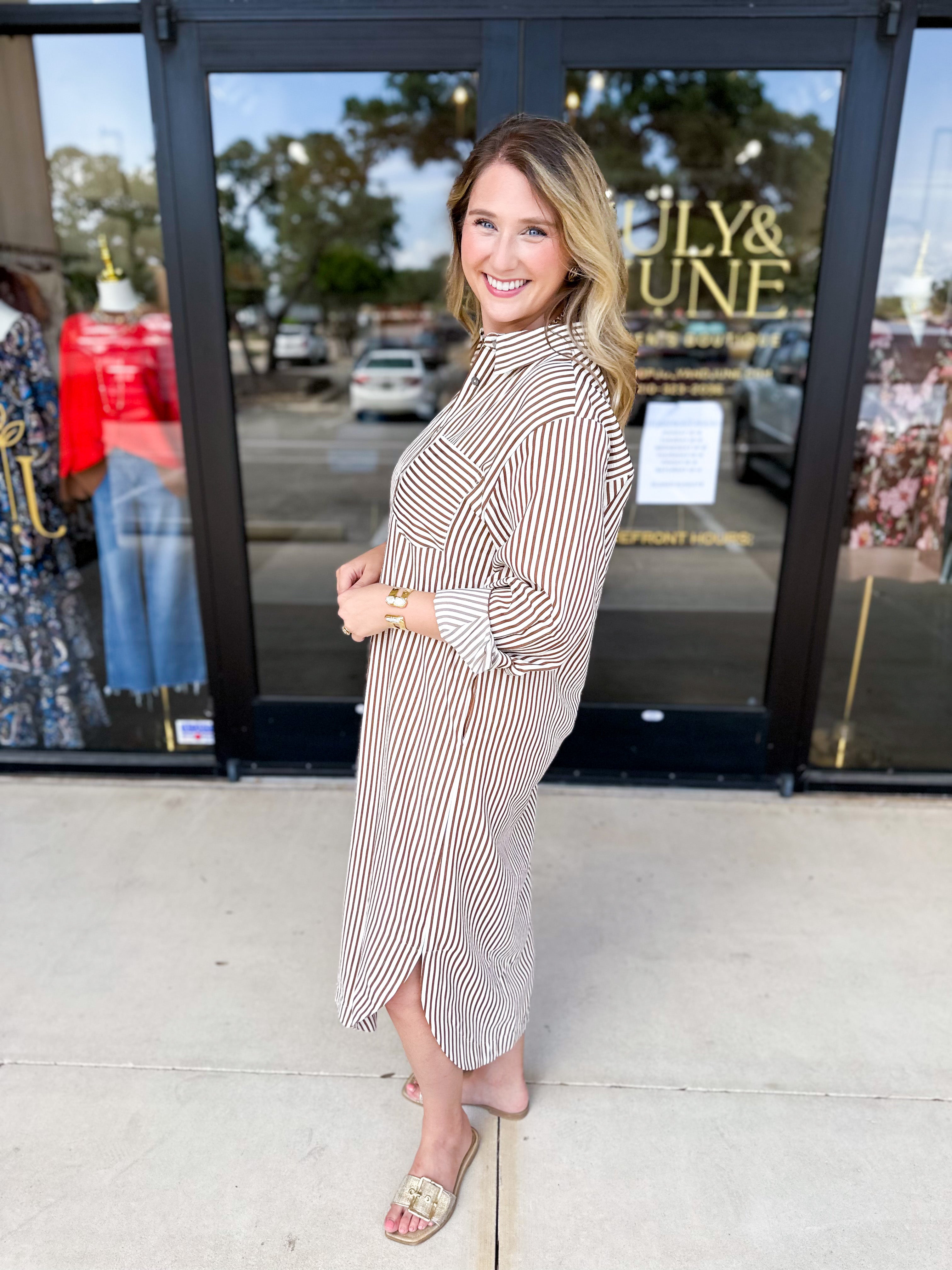 Button Down Casual Midi Dress - Carmel-500 Midi-ENTRO-July & June Women's Fashion Boutique Located in San Antonio, Texas