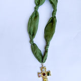 Scarf Necklace - Olive Gemstone Cross-110 Jewelry & Hair-HART DESIGNS-July & June Women's Fashion Boutique Located in San Antonio, Texas