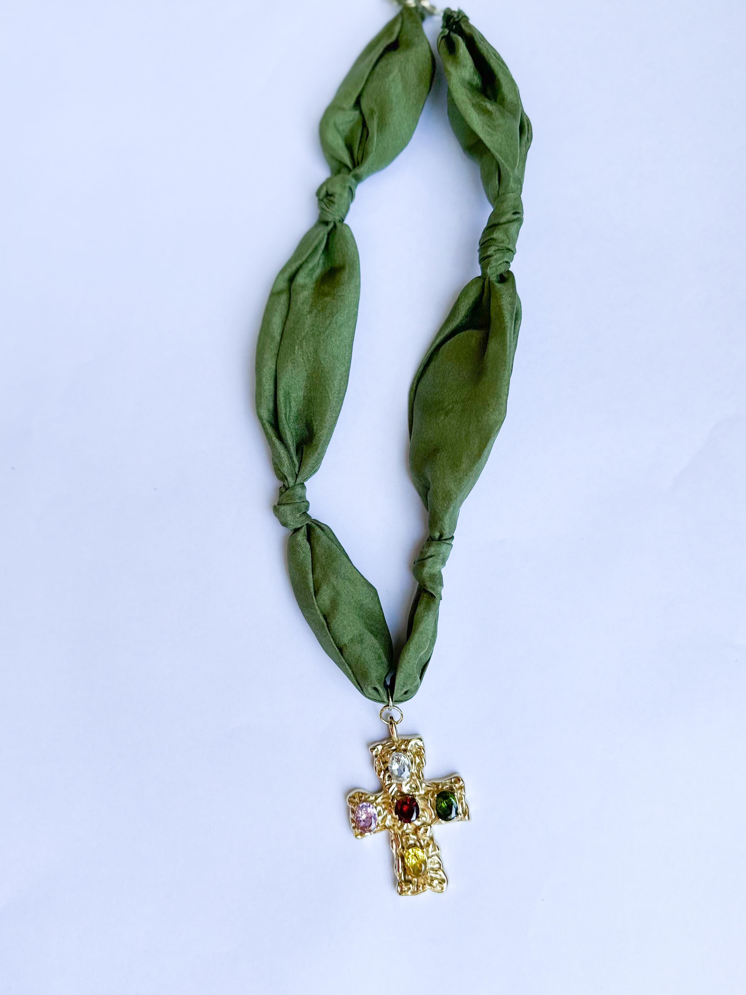 Scarf Necklace - Olive Gemstone Cross-110 Jewelry & Hair-HART DESIGNS-July & June Women's Fashion Boutique Located in San Antonio, Texas