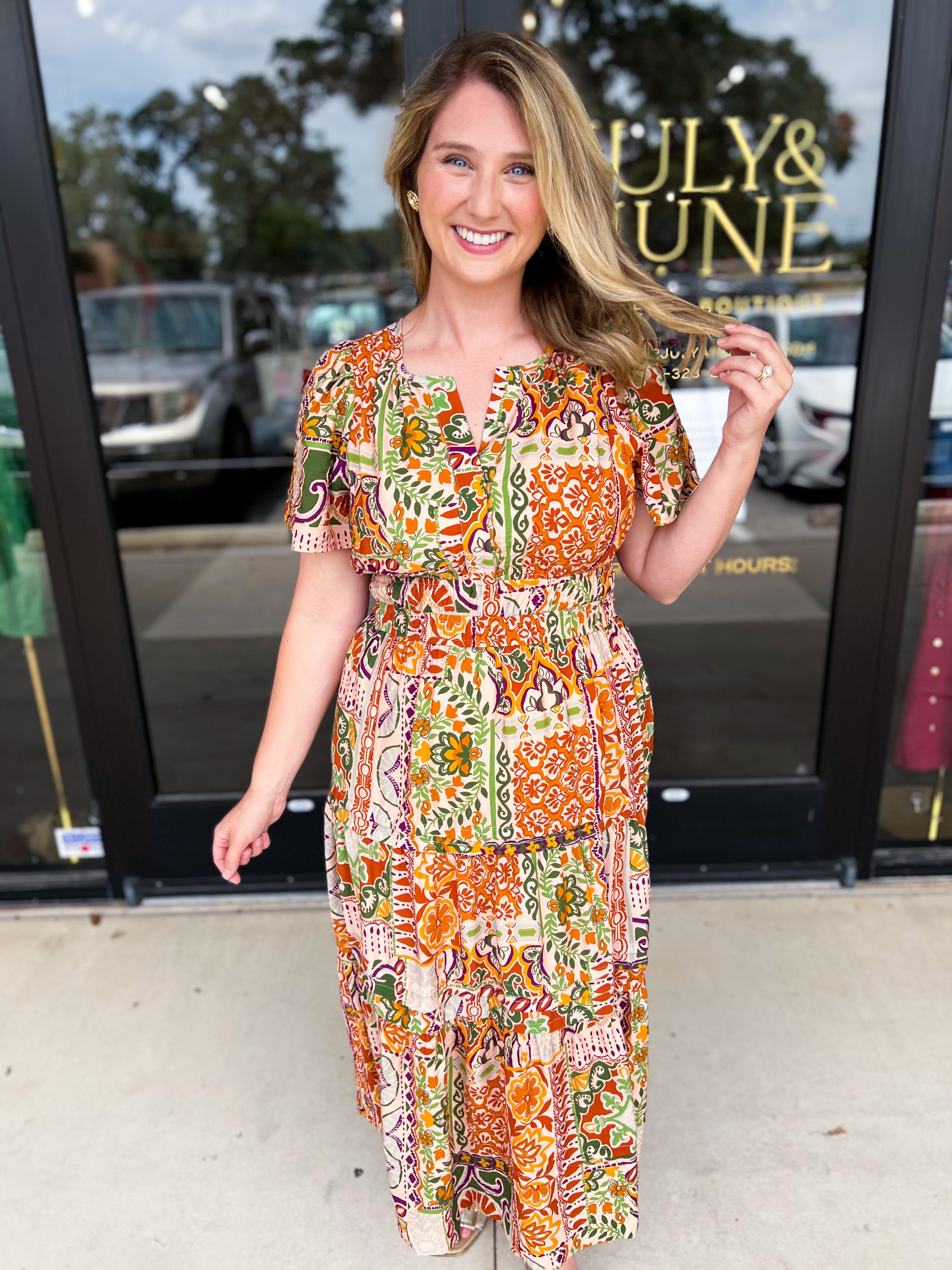 Auburn Abstract Midi Dress-500 Midi-FATE-July & June Women's Fashion Boutique Located in San Antonio, Texas
