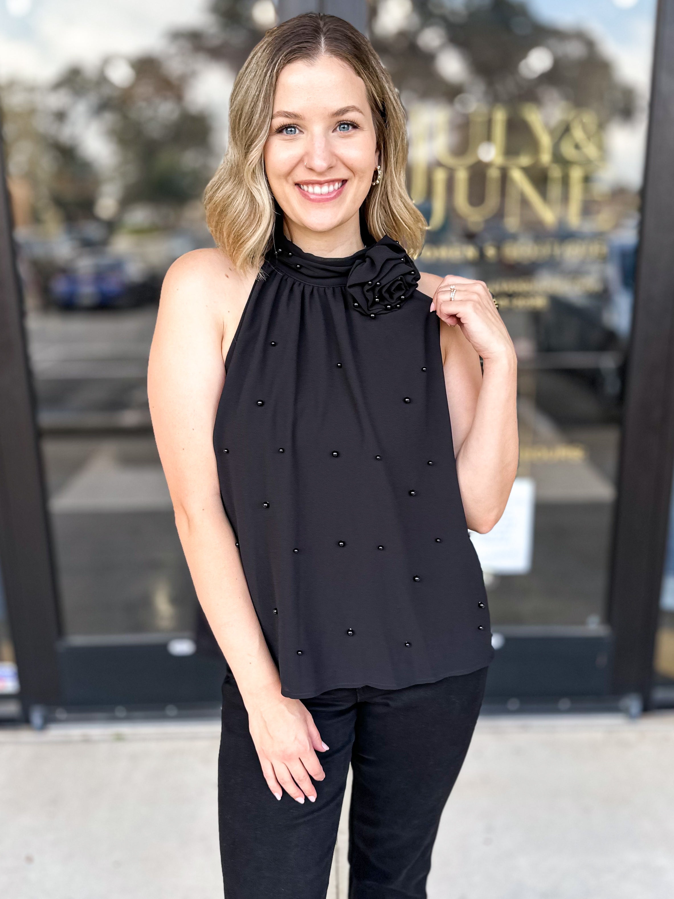 Black Rose Halter Tank-200 Fashion Blouses-FATE-July & June Women's Fashion Boutique Located in San Antonio, Texas