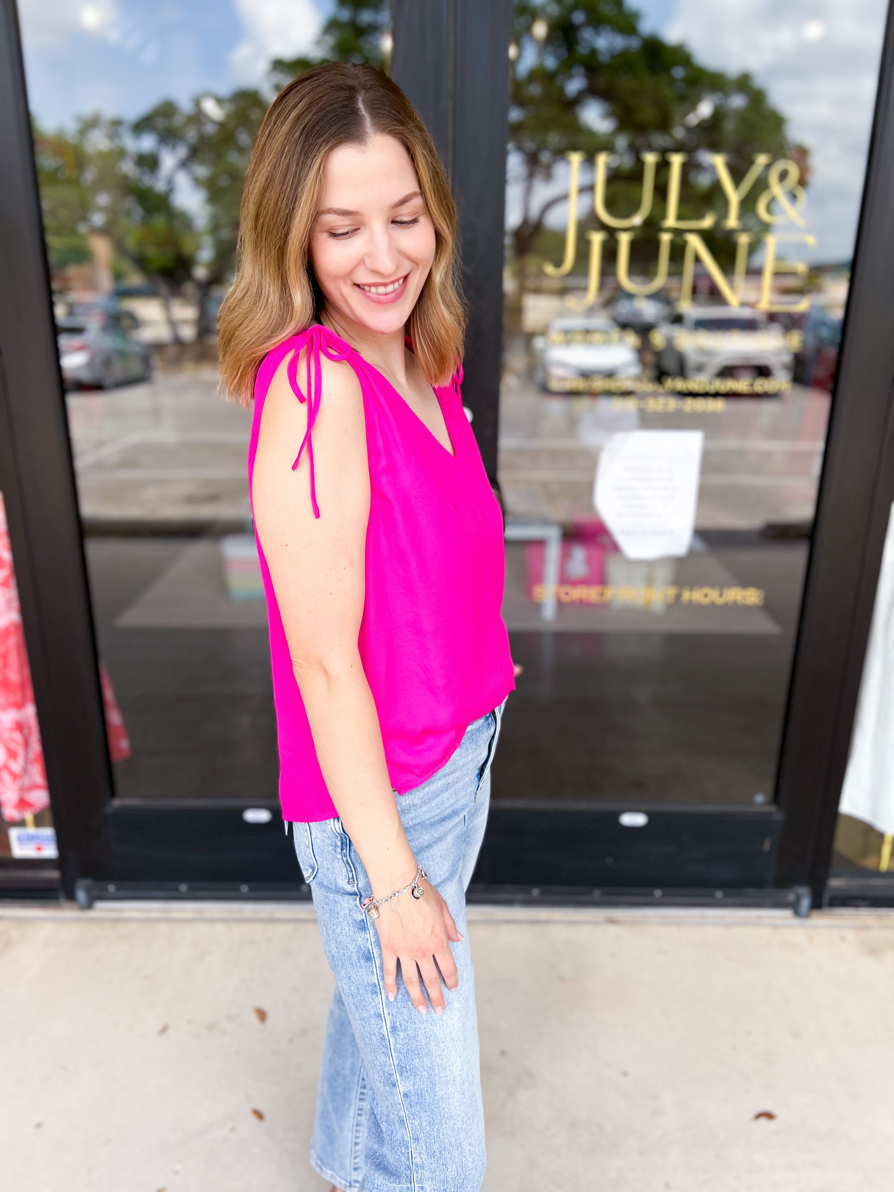 Elevated Shoulder Tie Tank- Hot Pink-200 Fashion Blouses-SKIES ARE BLUE-July & June Women's Fashion Boutique Located in San Antonio, Texas
