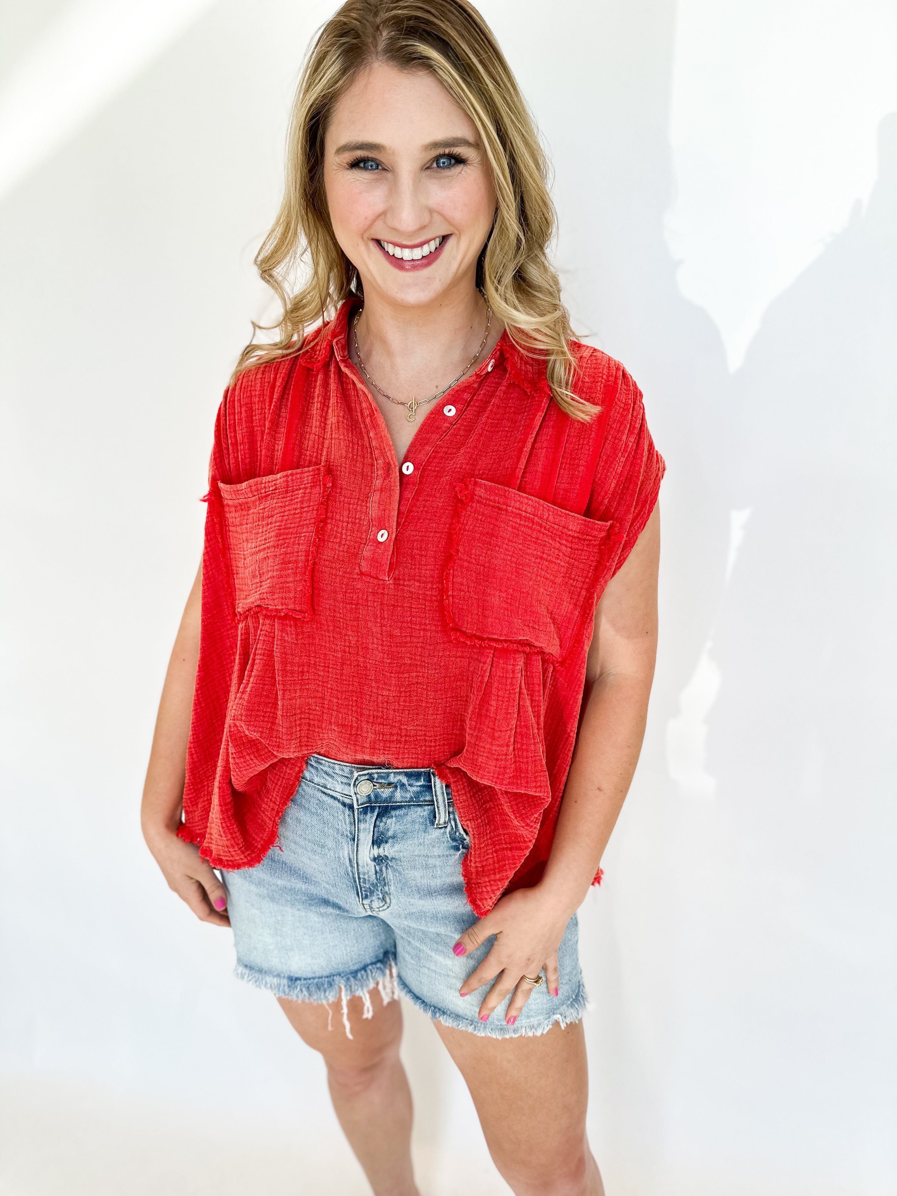 Cherry Red Henley Blouse-200 Fashion Blouses-FANTASTIC FAWN-July & June Women's Fashion Boutique Located in San Antonio, Texas