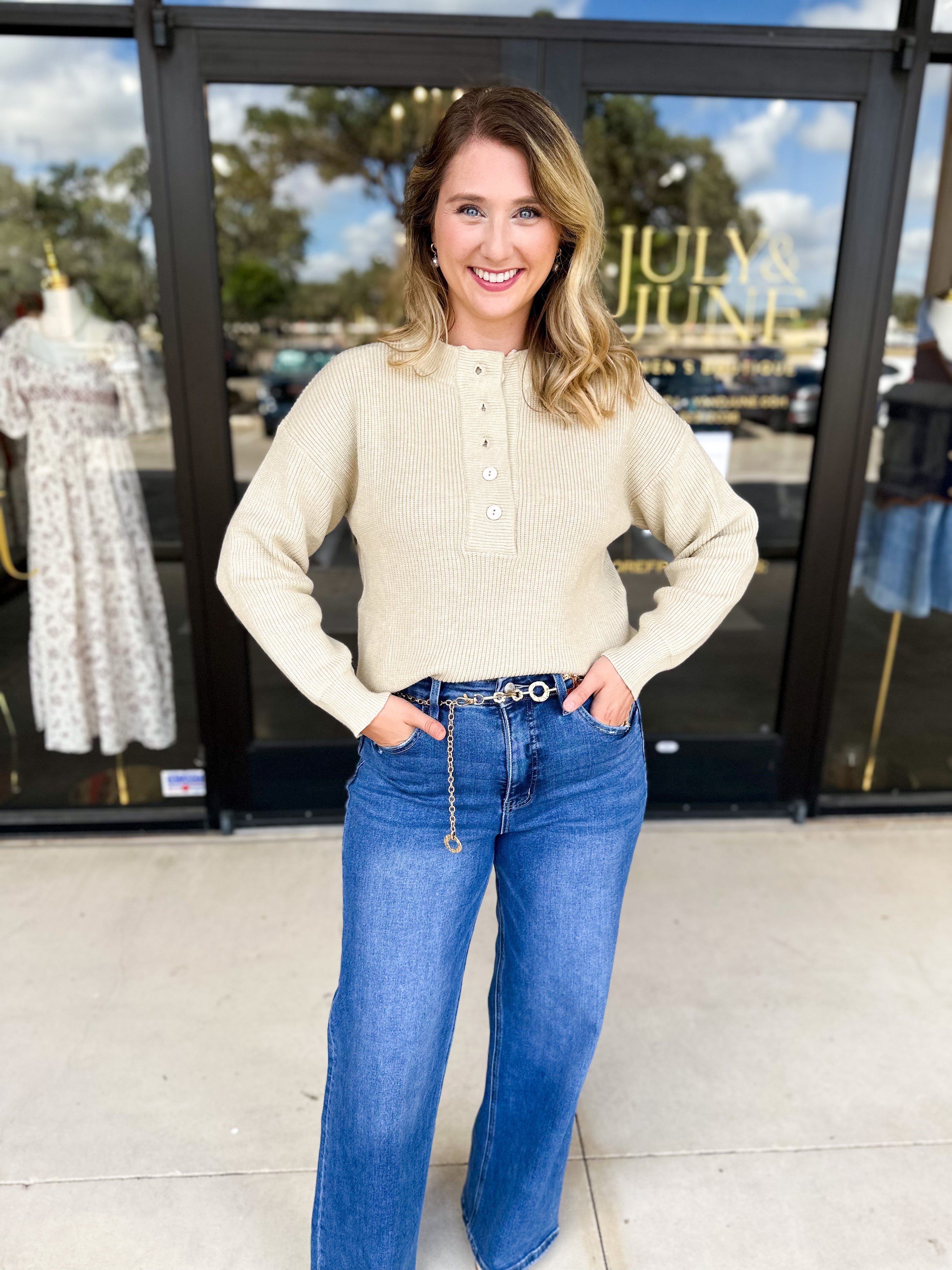 The Everyday Henley Sweater - Oatmeal-230 Sweaters/Cardis-JODIFL-July & June Women's Fashion Boutique Located in San Antonio, Texas