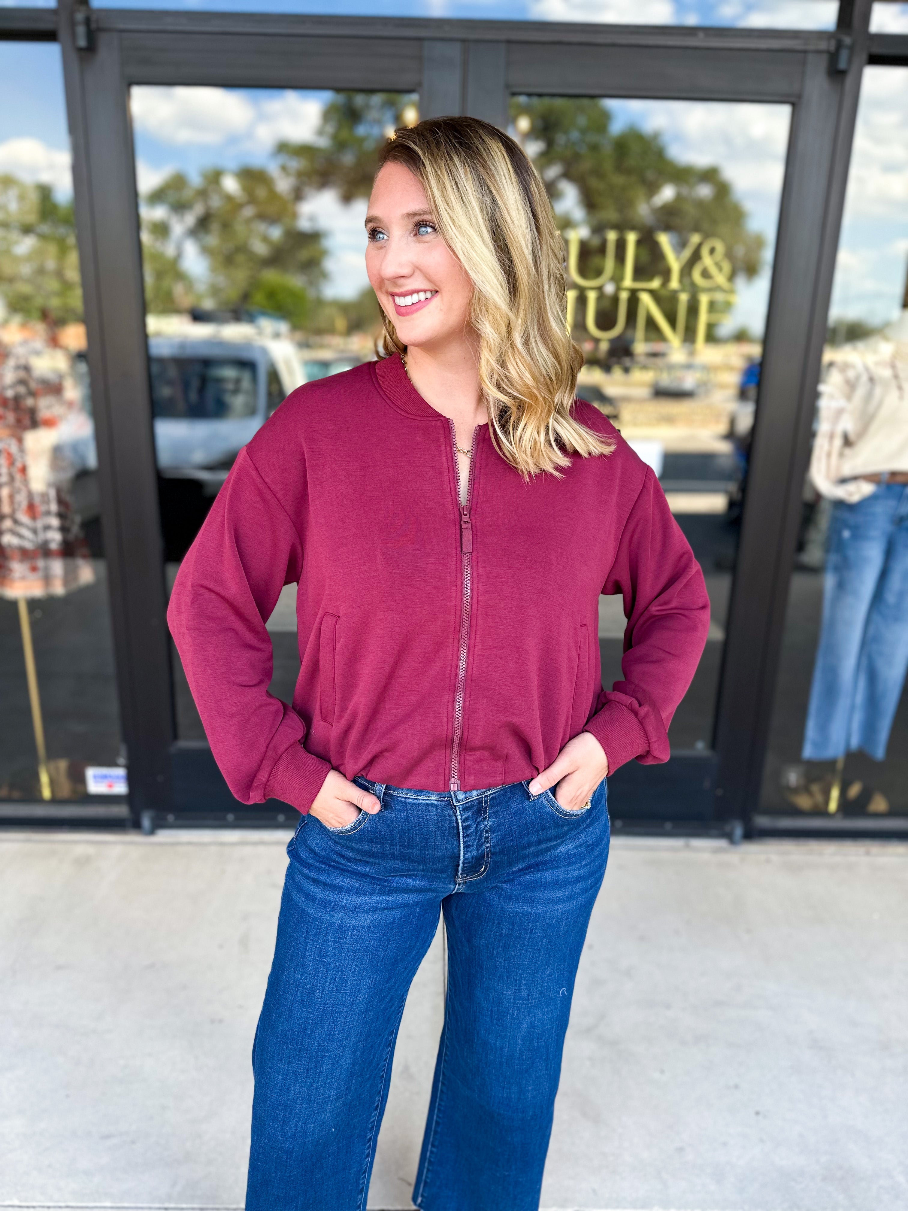 Soft Modal Bomber Jacket - Wine-300 Athleisure/Lounge-SKIES ARE BLUE-July & June Women's Fashion Boutique Located in San Antonio, Texas