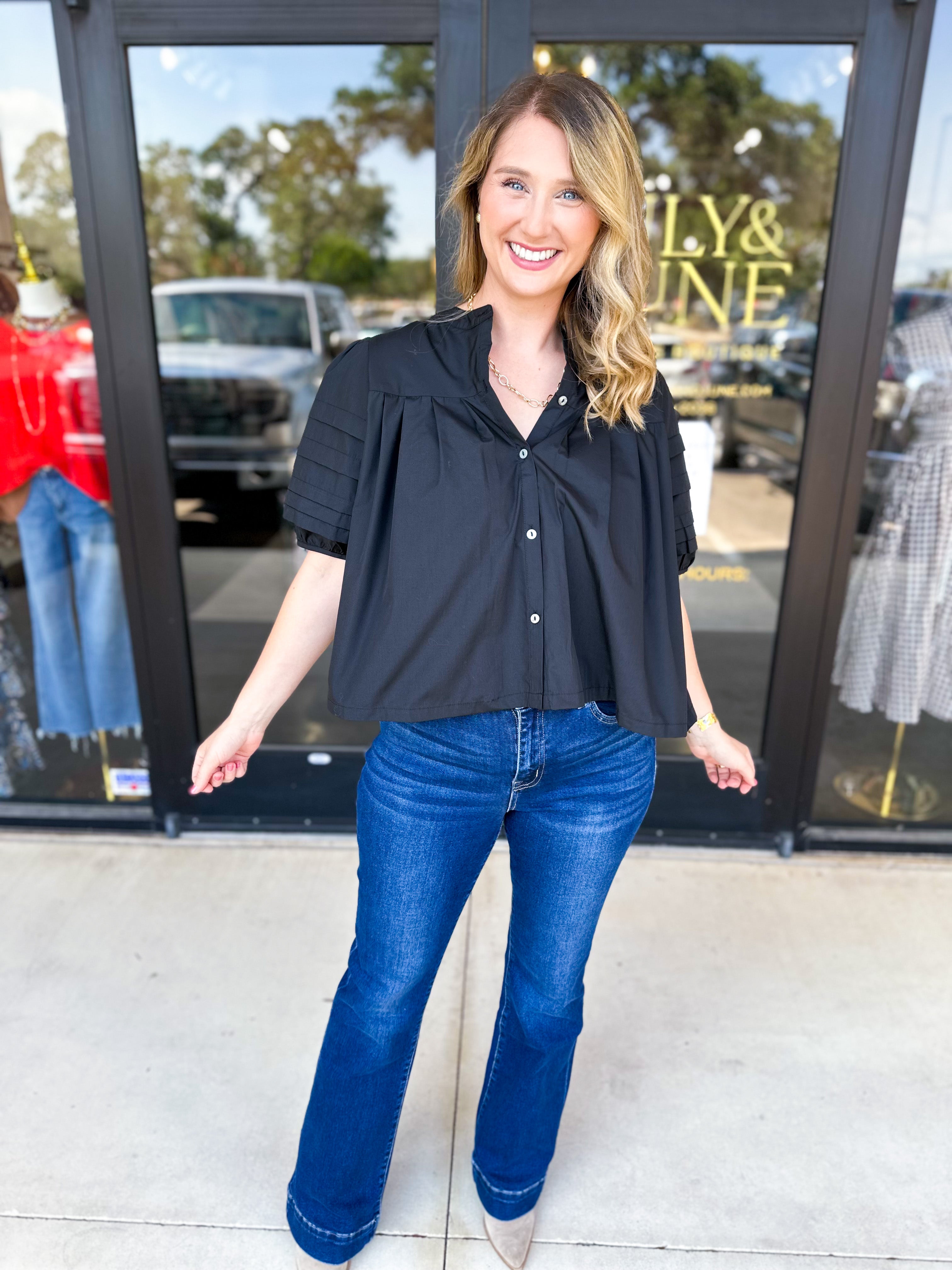 Pleated Black Blouse-200 Fashion Blouses-ENTRO-July & June Women's Fashion Boutique Located in San Antonio, Texas