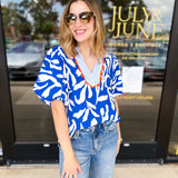 THML - Bold Blue & Orange Blouse-200 Fashion Blouses-THML-July & June Women's Fashion Boutique Located in San Antonio, Texas