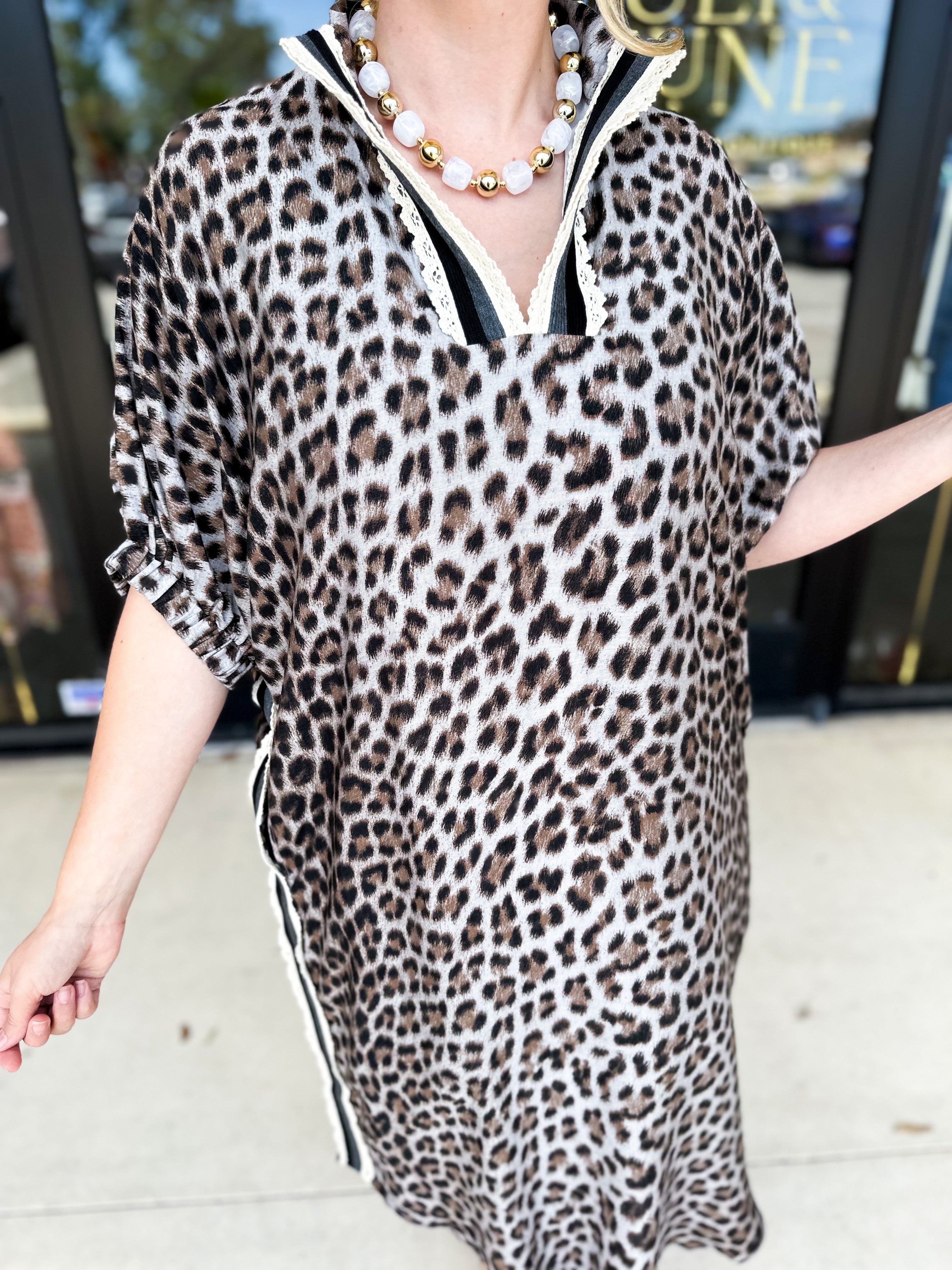Leopard Caftan Midi Dress - Grey-500 Midi-ENTRO-July & June Women's Fashion Boutique Located in San Antonio, Texas