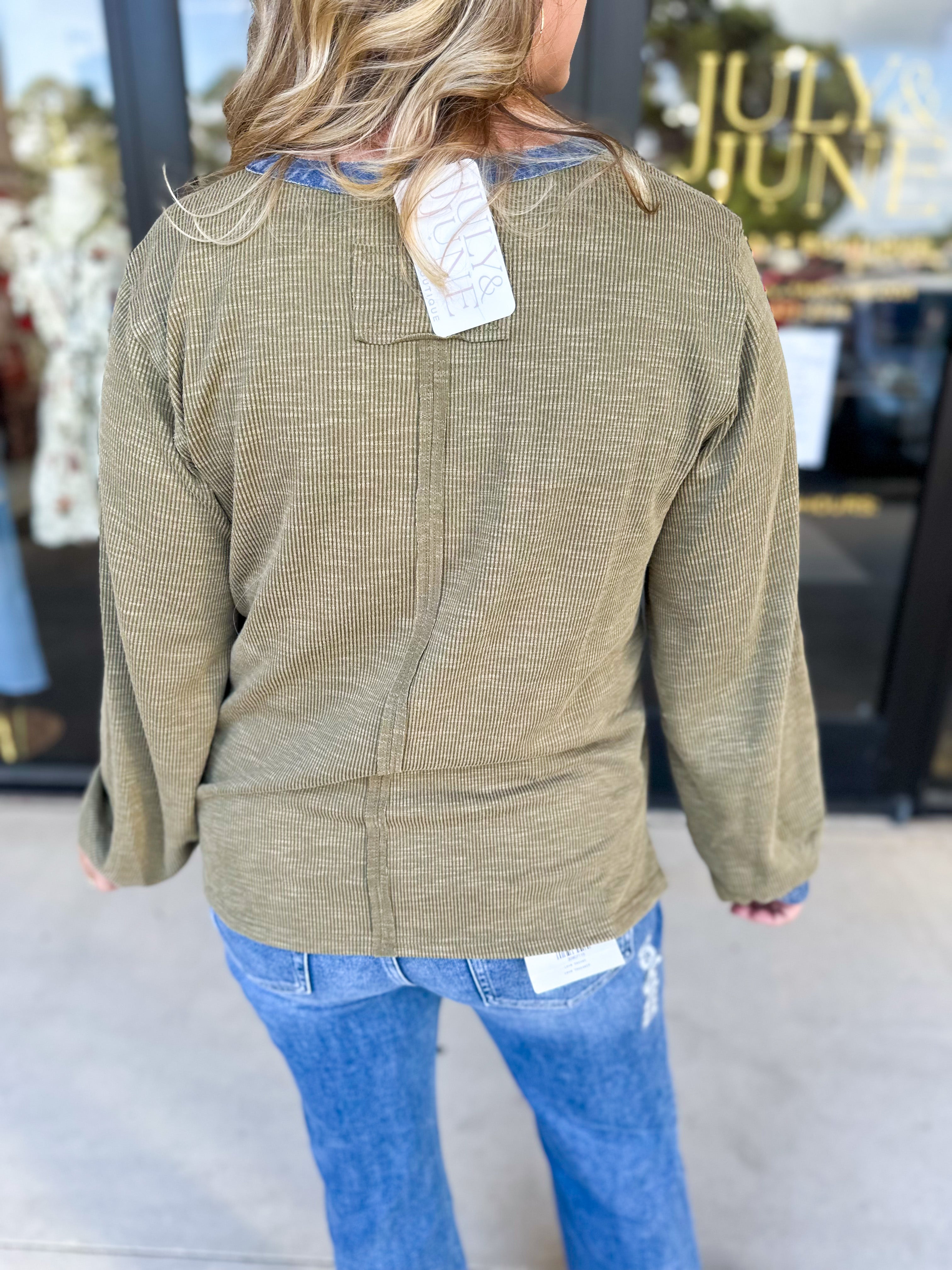 Olive & Denim Details Long Sleeve Top-210 Casual Blouses-JODIFL-July & June Women's Fashion Boutique Located in San Antonio, Texas