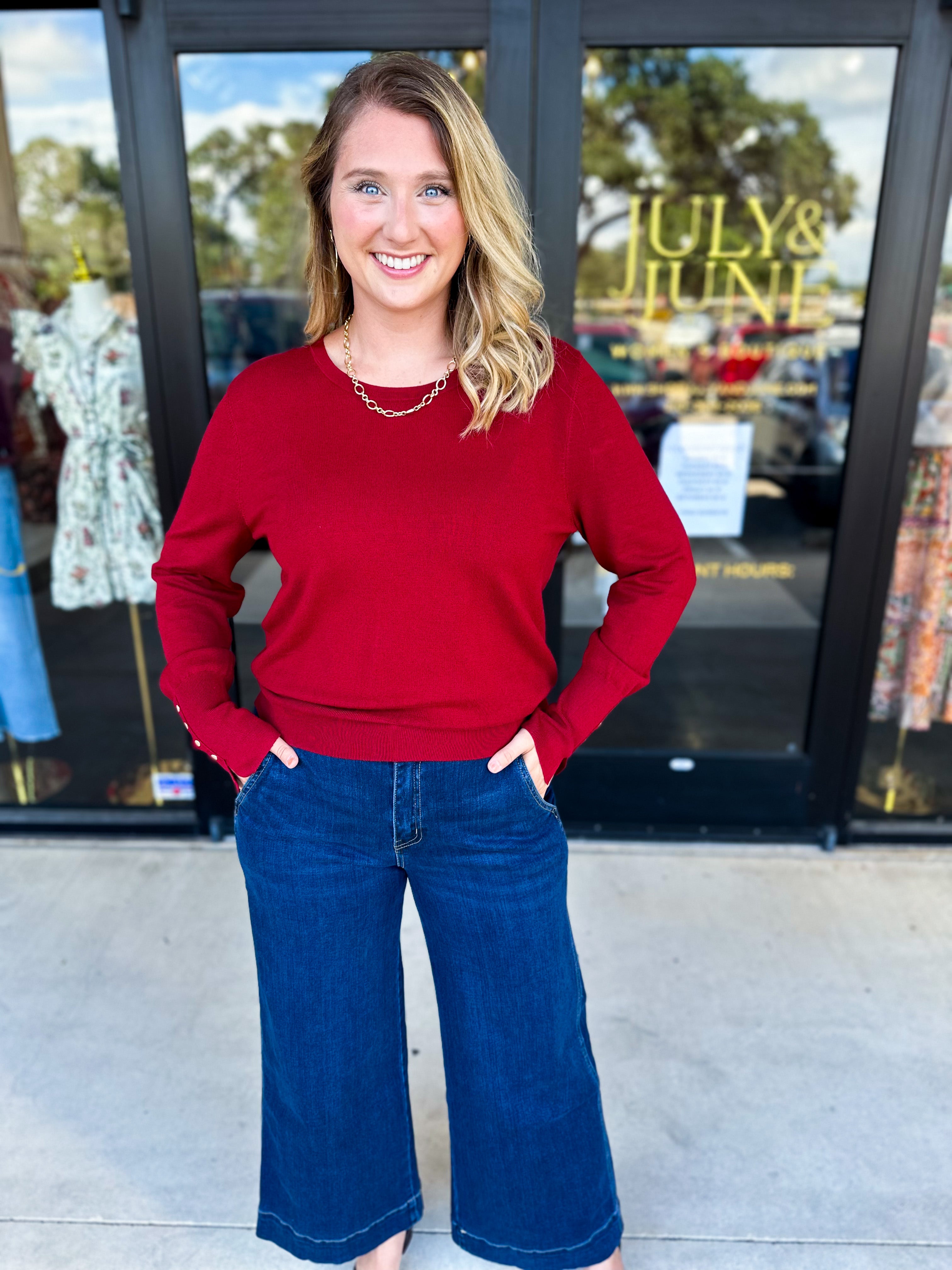Long Sleeve Sweater Top - Crimson-230 Sweaters/Cardis-ENTRO-July & June Women's Fashion Boutique Located in San Antonio, Texas
