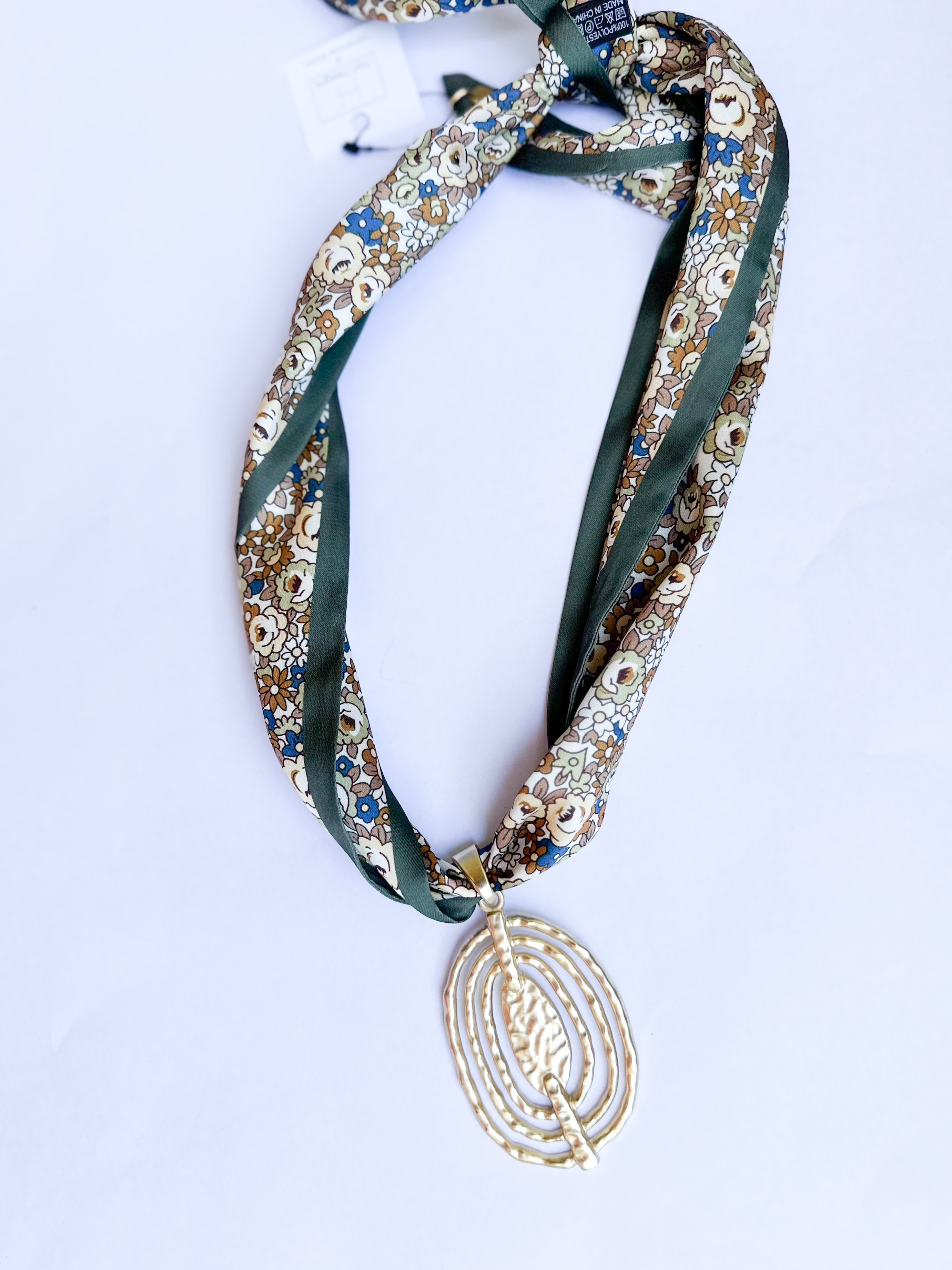 Scarf Necklace - Olive Floral Funky Oval-110 Jewelry & Hair-HART DESIGNS-July & June Women's Fashion Boutique Located in San Antonio, Texas
